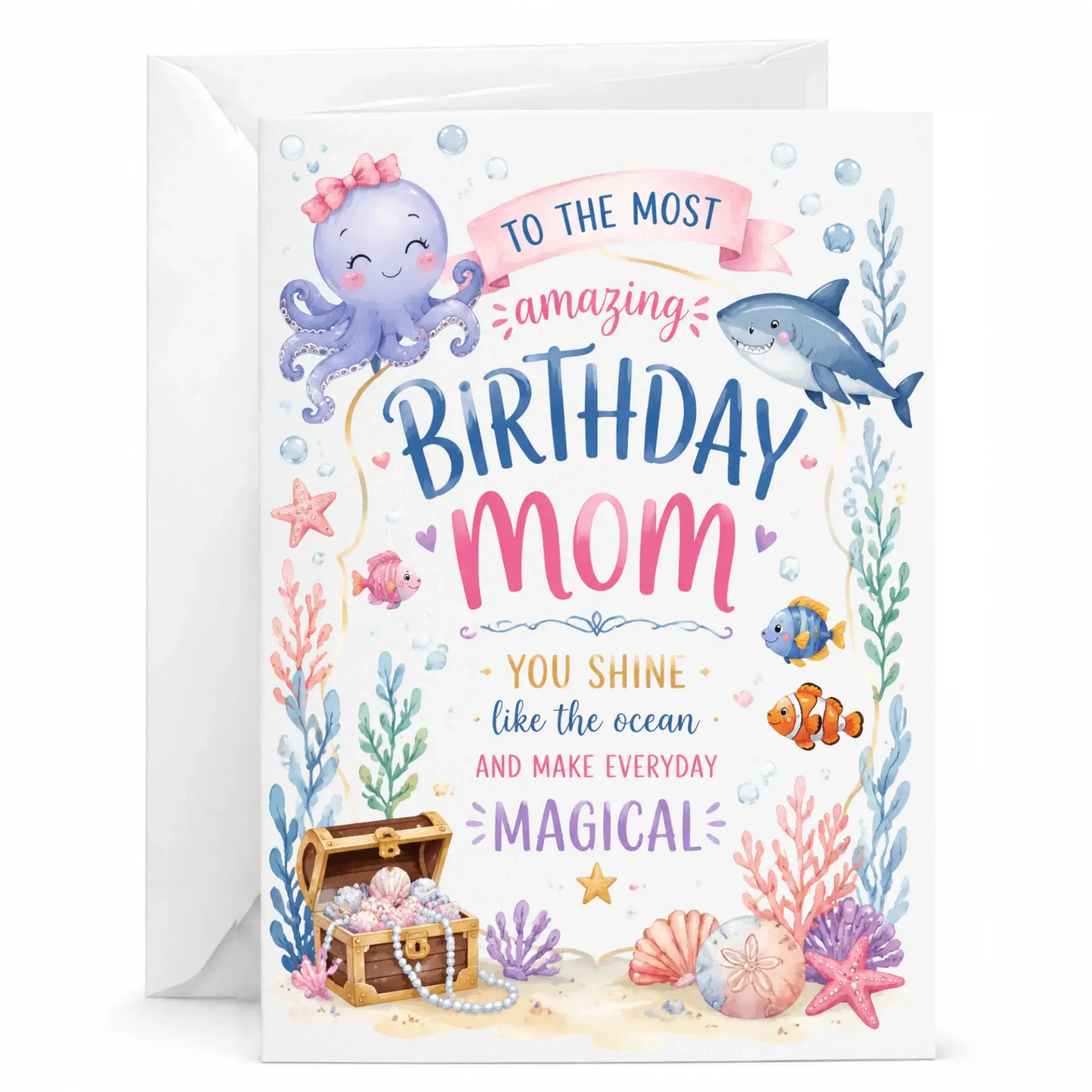Birthday Card for Mom with Cute Ocean Theme Illustration and Treasures