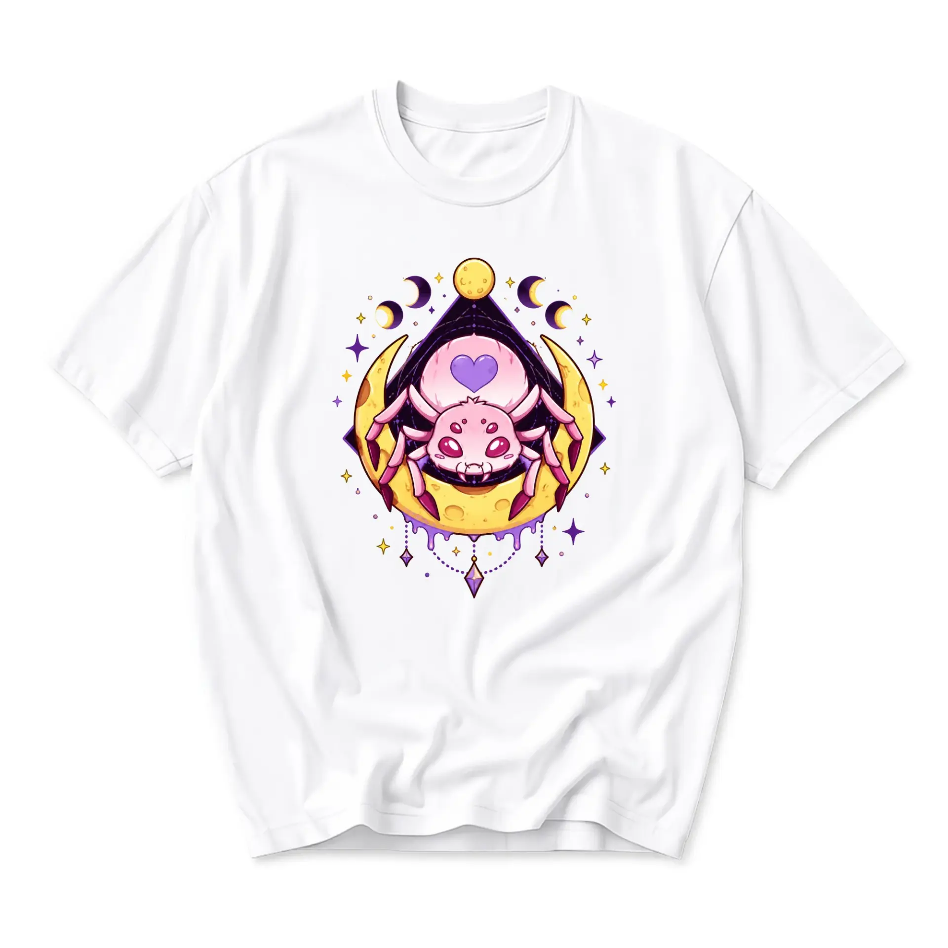 Graphic Tee Cute Pink Spider with Heart Celestial Moon Illustration Unisex Short Sleeve Crew Neck Casual Cotton Shirt
