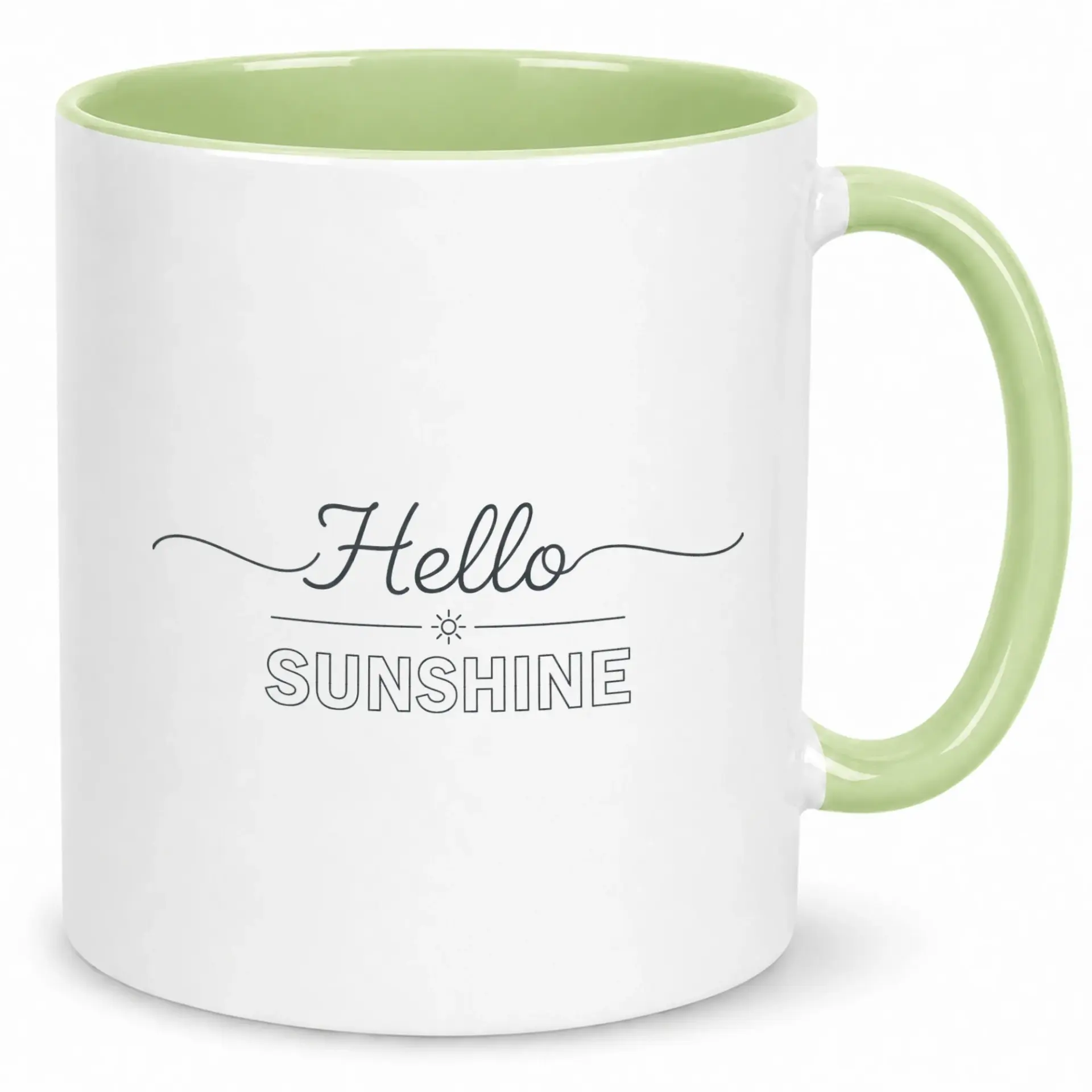 Hello Sunshine Ceramic Coffee Mug with Green Handle and Interior, Inspirational Daily Drinkware for Morning Coffee or Tea, 11 Oz or 15 Oz