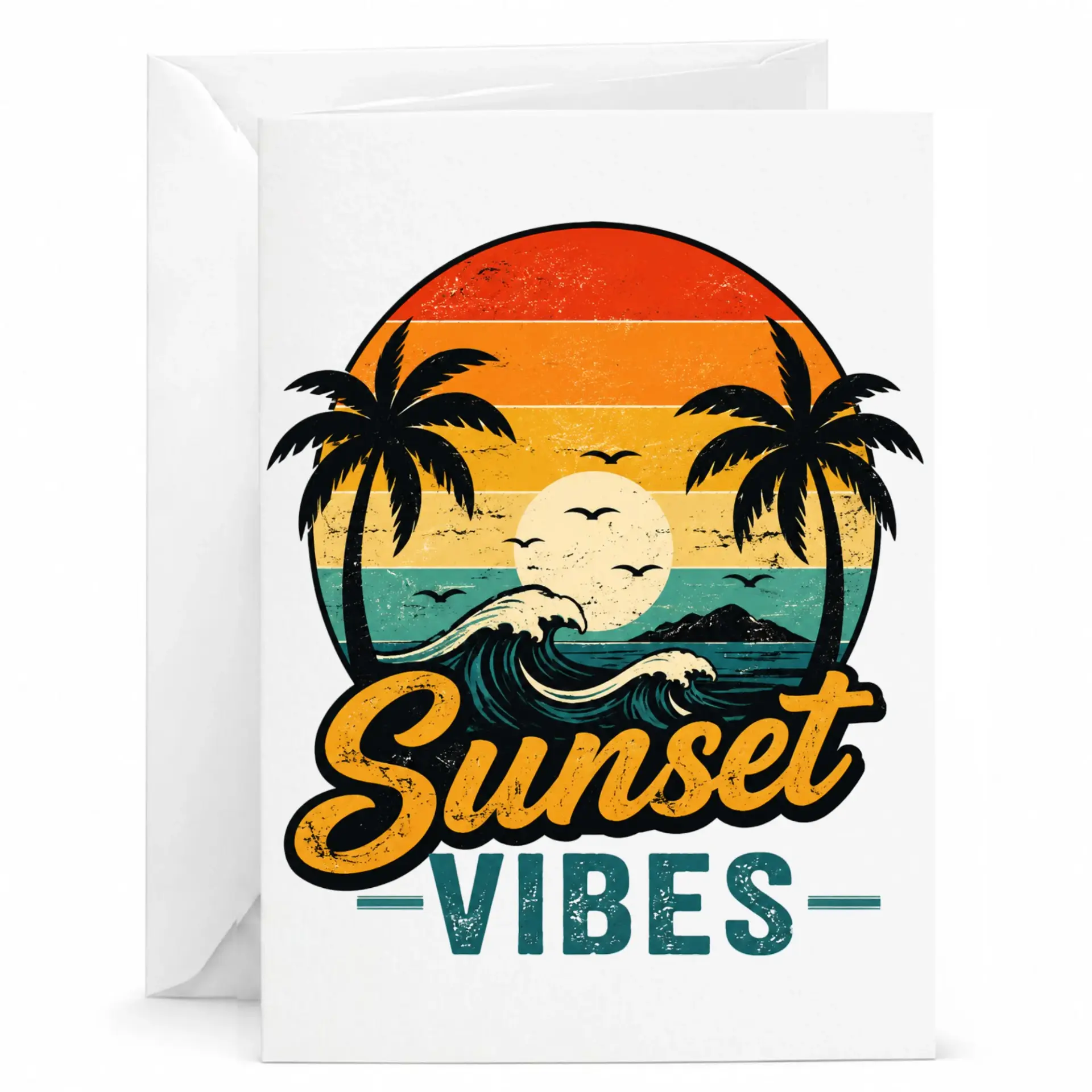 Greeting Card Sunset Vibes Retro Tropical Beach Theme Artistic Illustration for Birthday and Encouragement Occasions