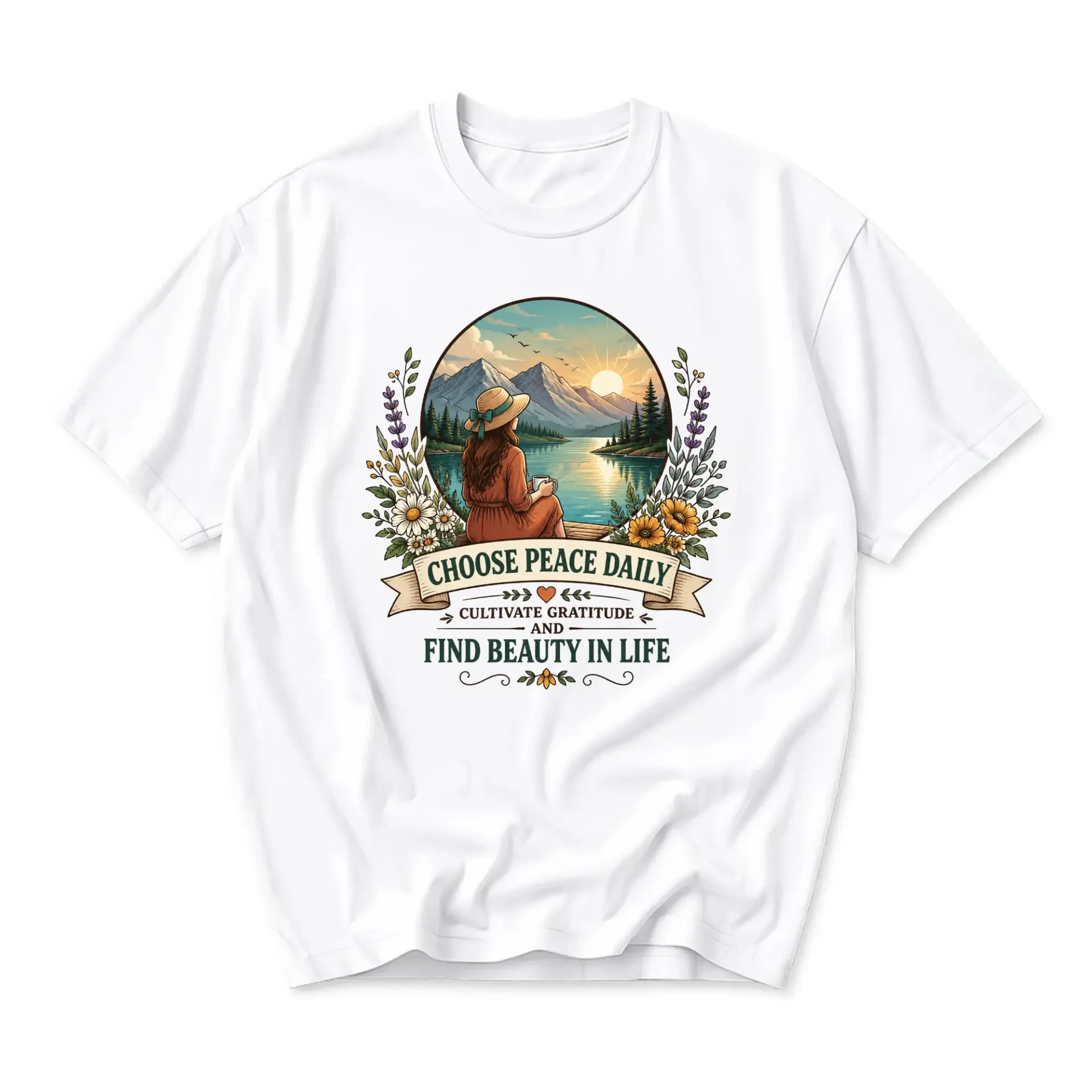 Graphic Tee Choose Peace Daily Mountain Lake Nature Illustration Printed Unisex Casual Crew Neck T-Shirt Apparel