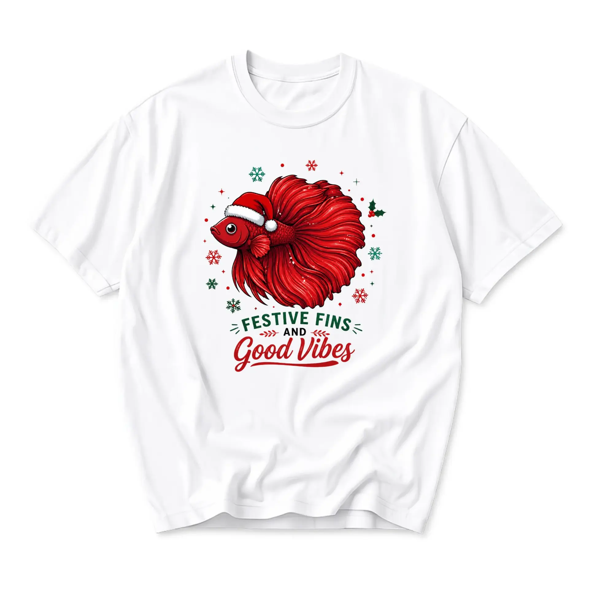 Funny Shirt Festive Fins and Good Vibes Graphic Tee for Holidays Unisex Crew Neck Casual Cotton Blend Apparel