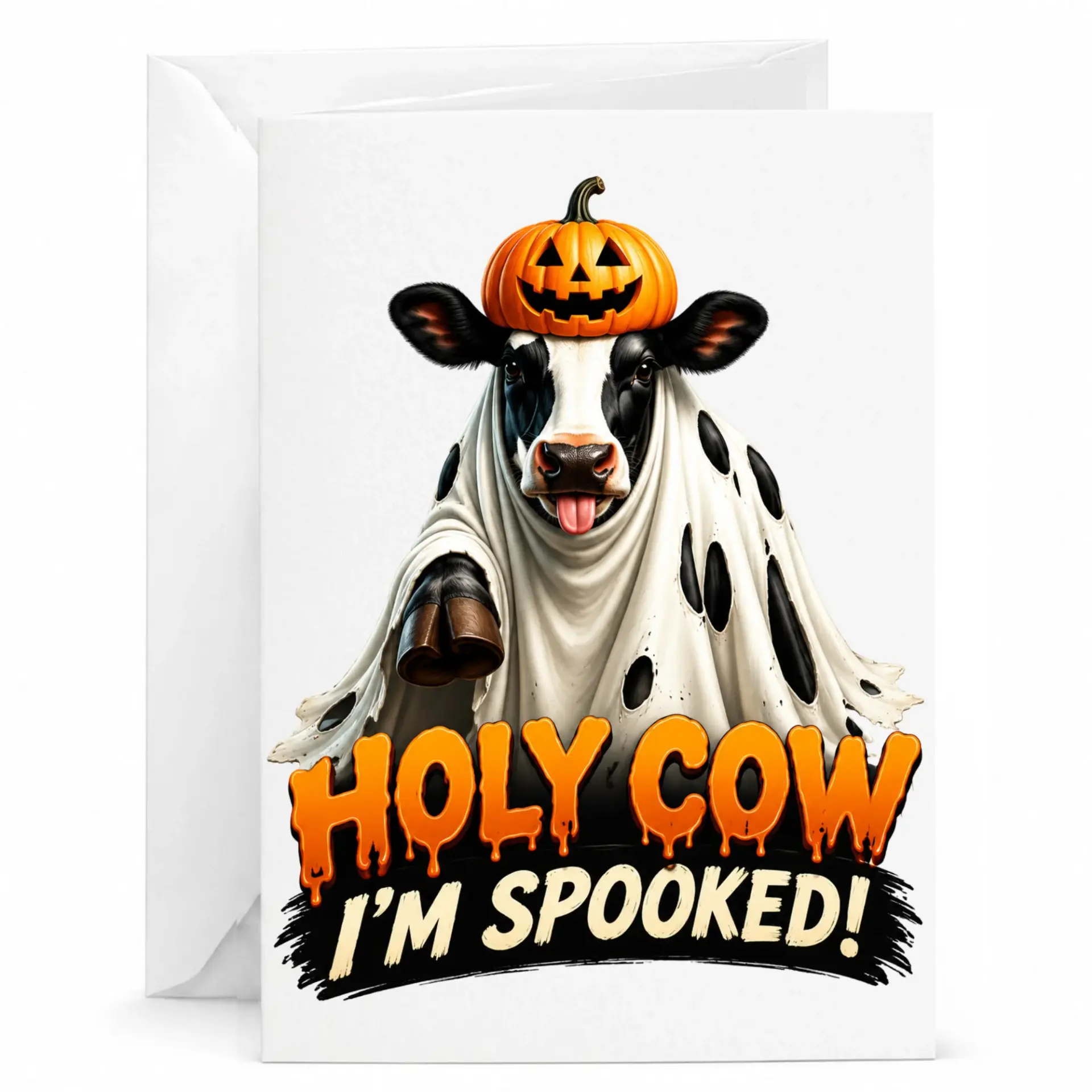 Funny Cow Halloween Greeting Card Cute Pumpkin Head Farm Animal Humor Note for Autumn Holiday