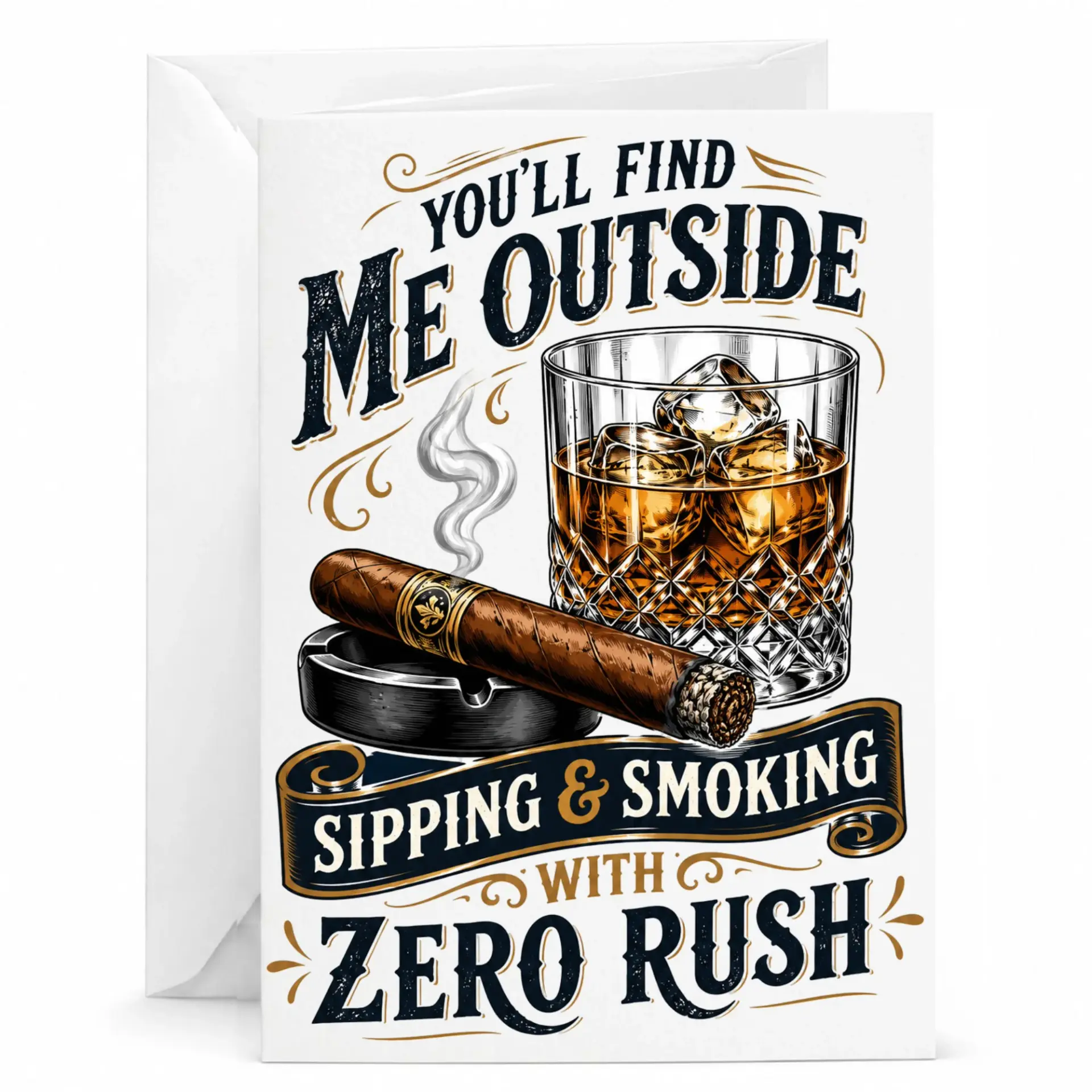 Funny Greeting Card Featuring Whiskey and Cigar Illustration for Relaxed Vibe Occasions Personal Messages