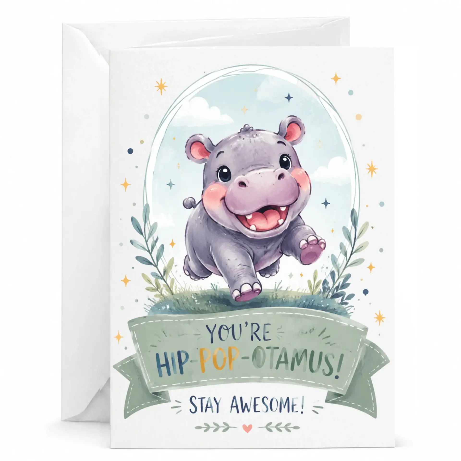Funny Greeting Card You Are Hip-Pop-Otamus Stay Awesome Hippo Illustration Birthday Note Card for Friend or Family