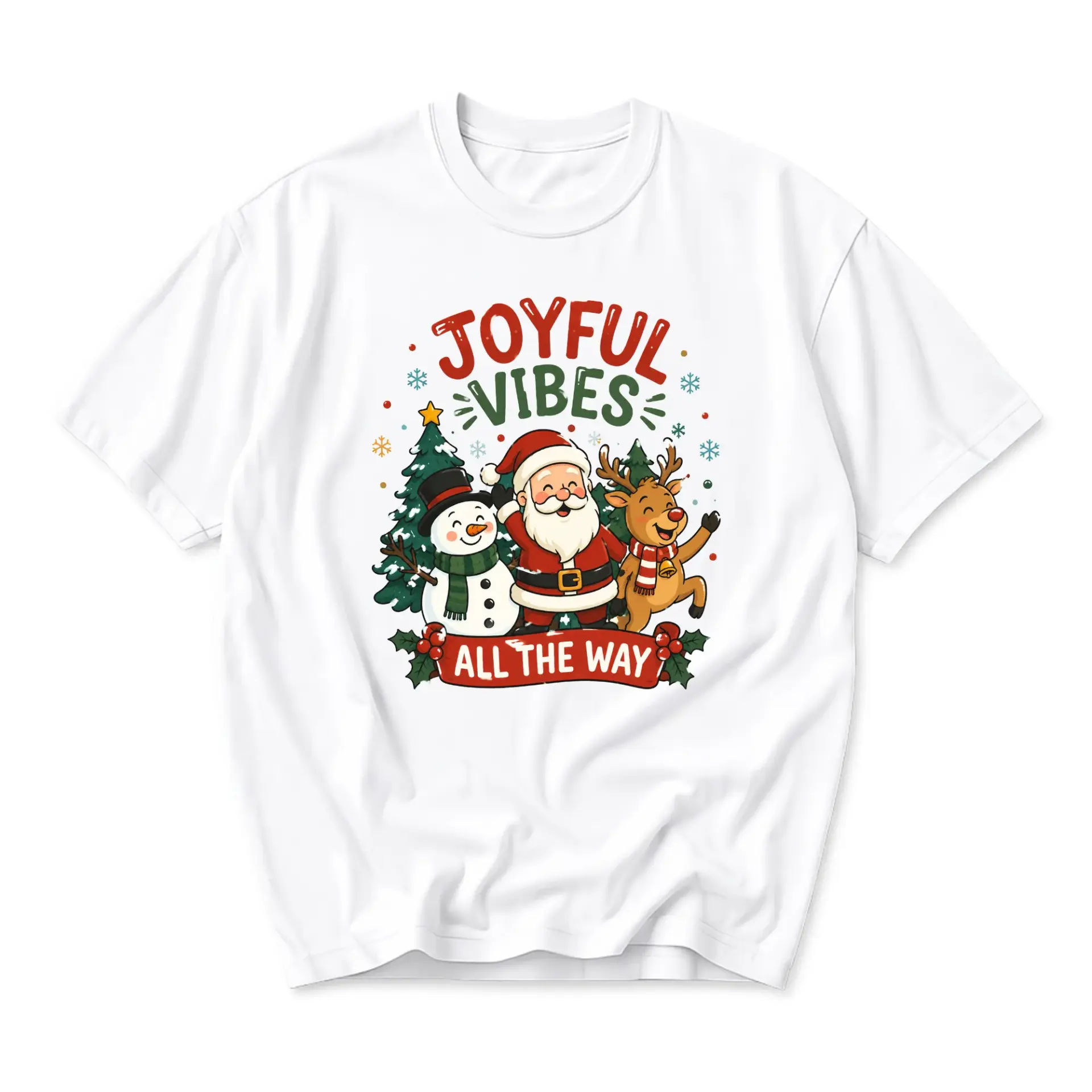 Graphic Tee Joyful Christmas Holiday Santa Claus Snowman Reindeer Festive