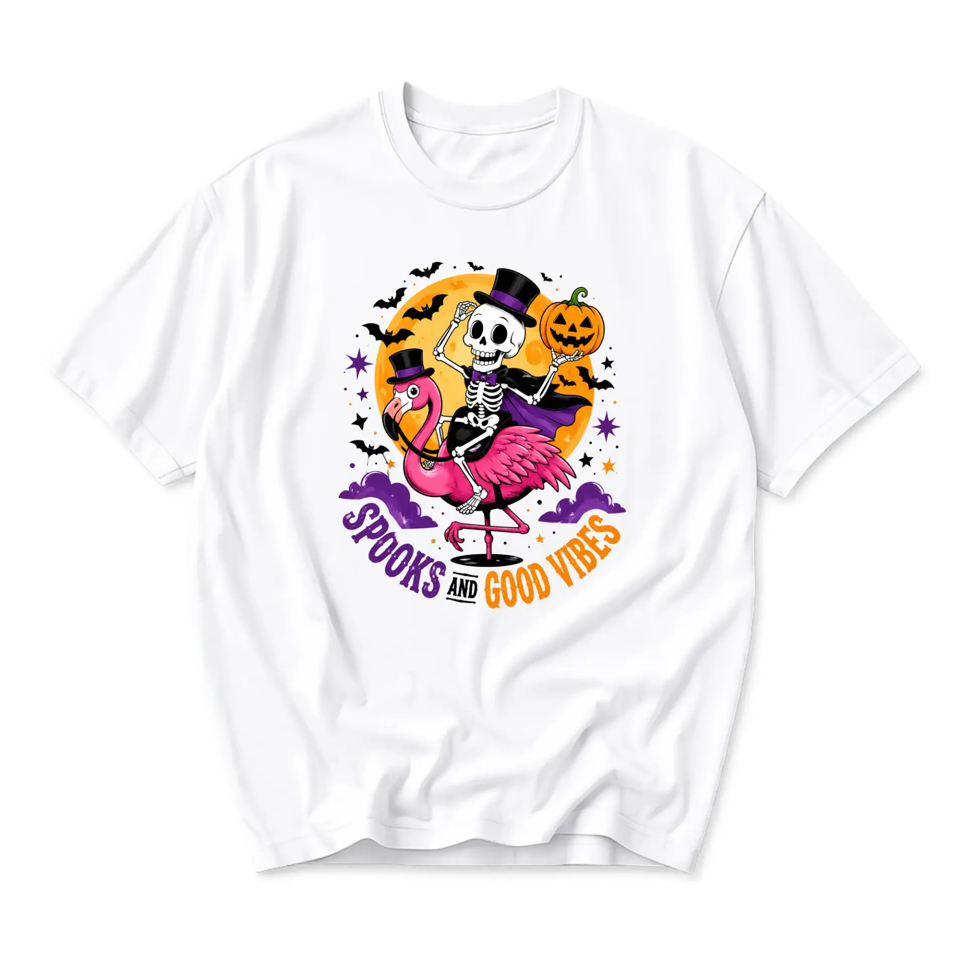 Funny Shirt Spooks and Good Vibes Graphic Tee with Skeleton Riding Flamingo Halloween Apparel Unisex Crew Neck Top