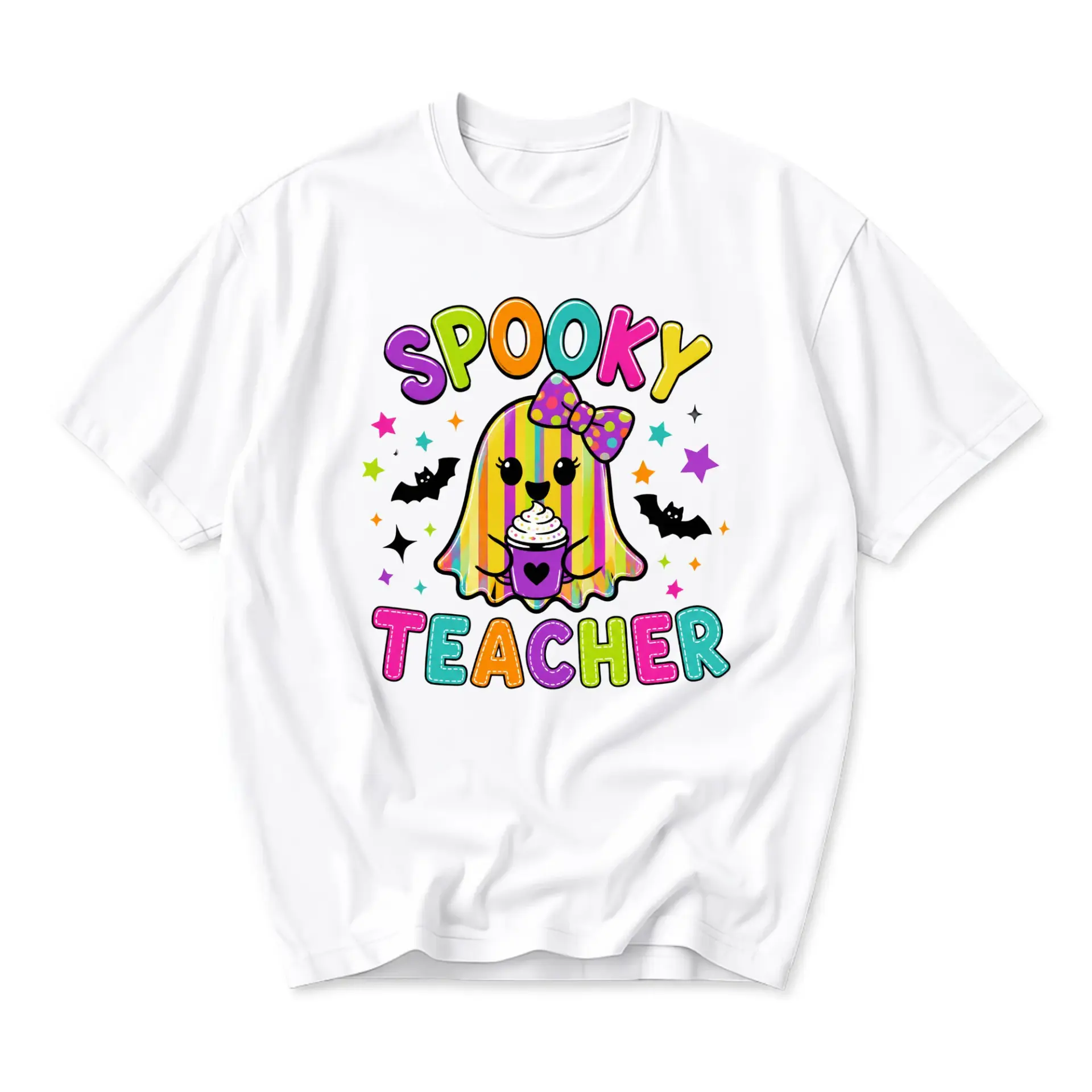Funny Shirt Spooky Teacher Graphic Tee Halloween Ghost Coffee Drinker Casual Unisex Short Sleeve Crew Neck Top