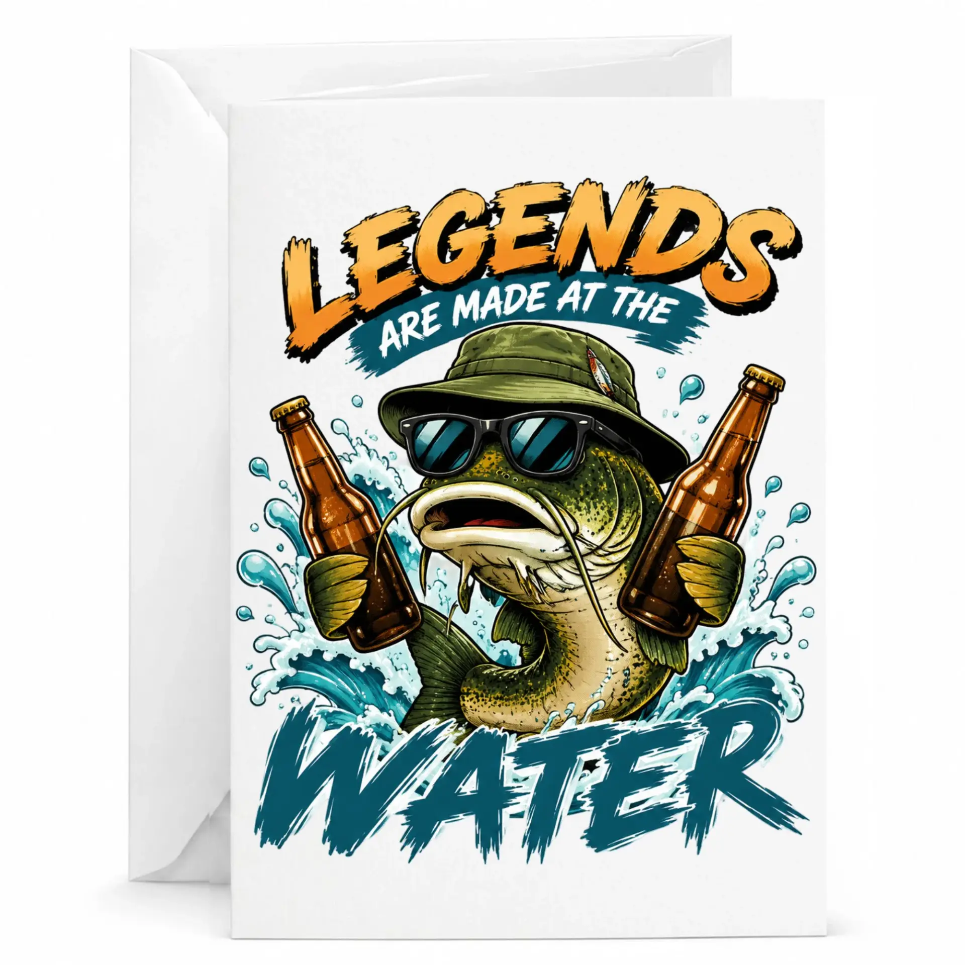 Funny Fishing Greeting Card, Legends Are Made at the Water, Humorous Beer and Fish Art for Outdoor Enthusiasts and Anglers