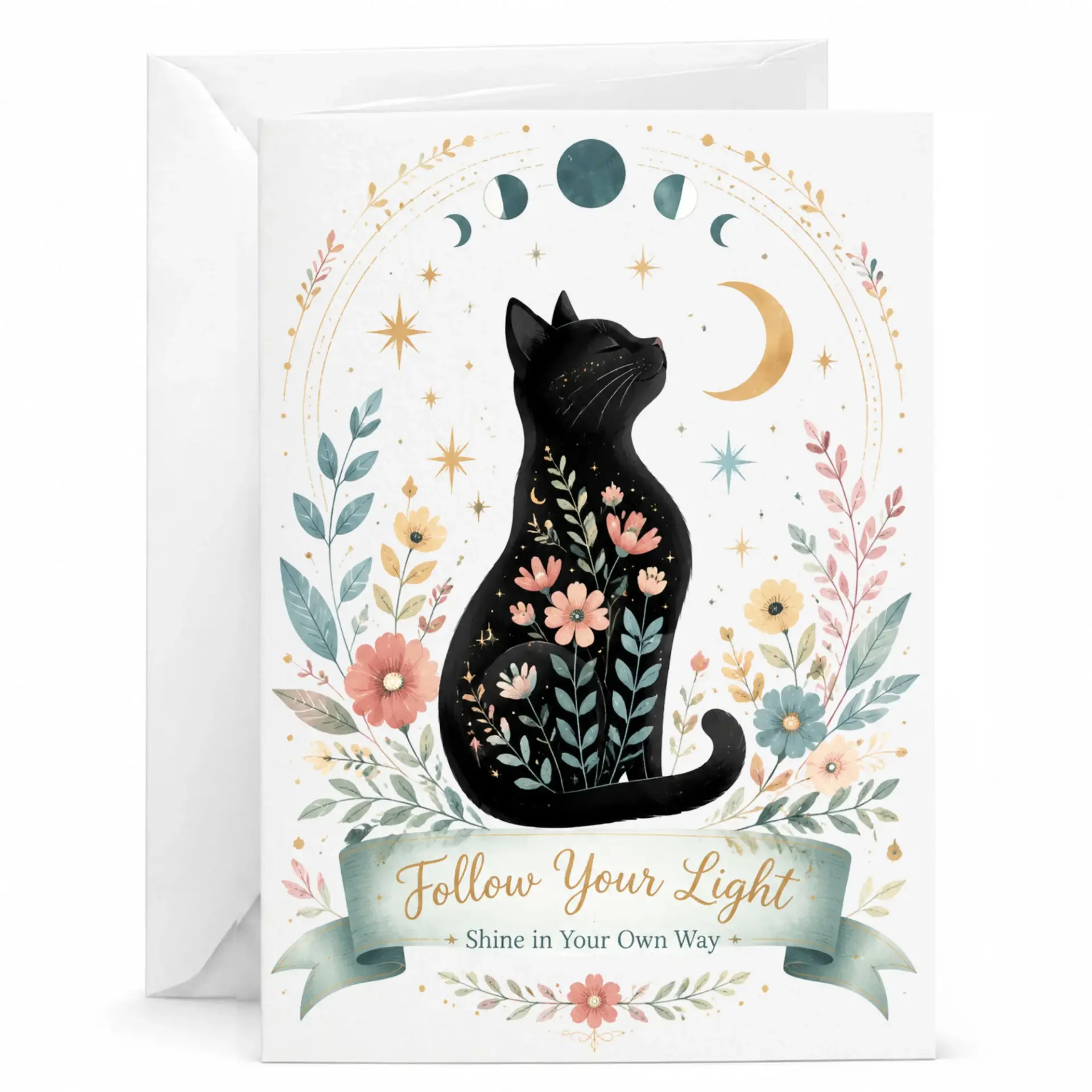 Greeting Card with Celestial Cat Floral Illustration Follow Your Encouragement Note for Any