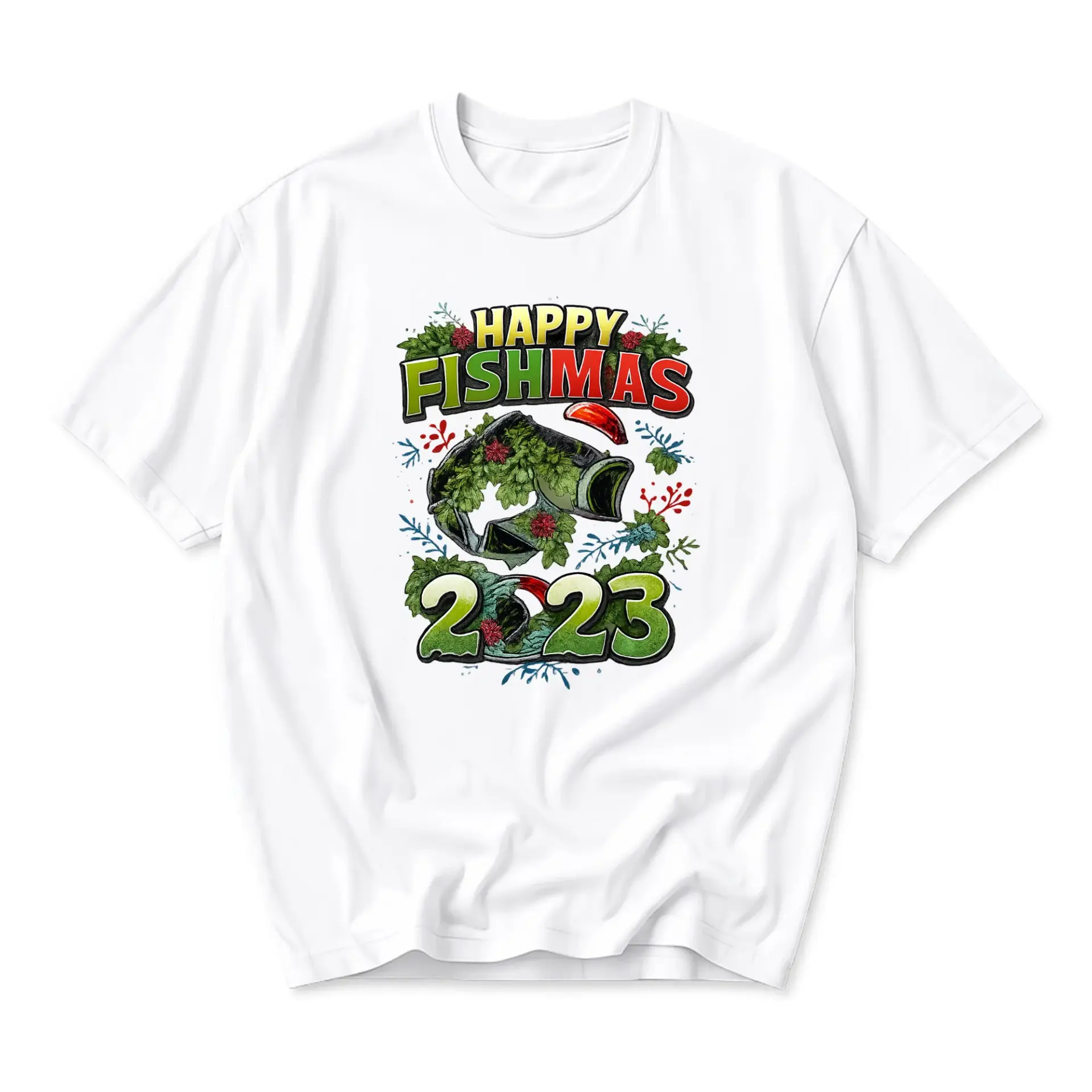 Funny Shirt Happy Fishmas 2023 Graphic Tee Unisex Casual Holiday Short Sleeve Crew Neck Cotton Blend Apparel White