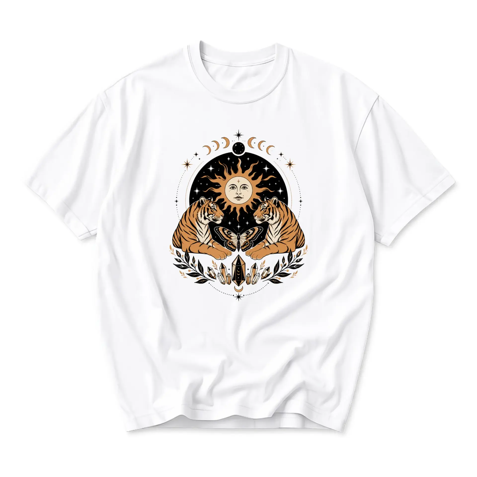Graphic Tee Unisex Celestial Tiger Sun Moon Butterfly Art Print Casual Crew Neck Cotton Blend Soft Everyday Shirt