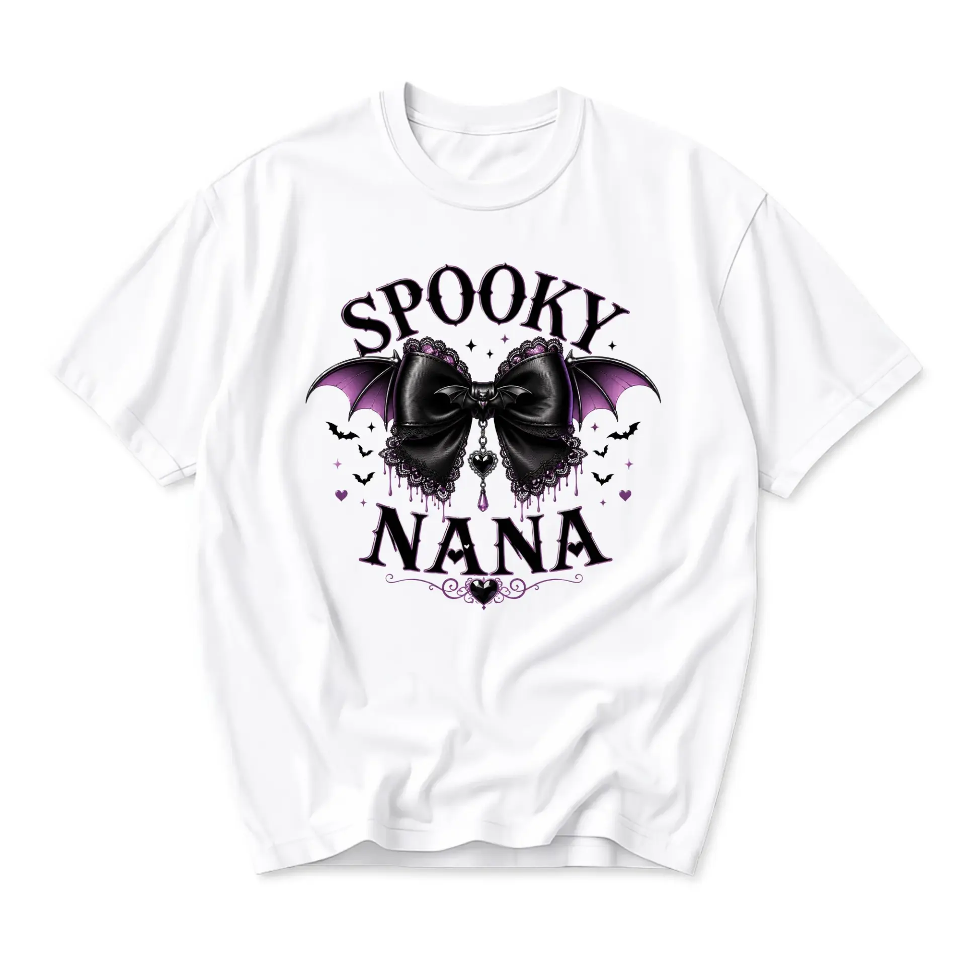 Funny Shirt Spooky Nana Graphic Tee Gothic Bat Bow Design Unisex Crew Neck Casual Wear Soft Cotton Apparel White