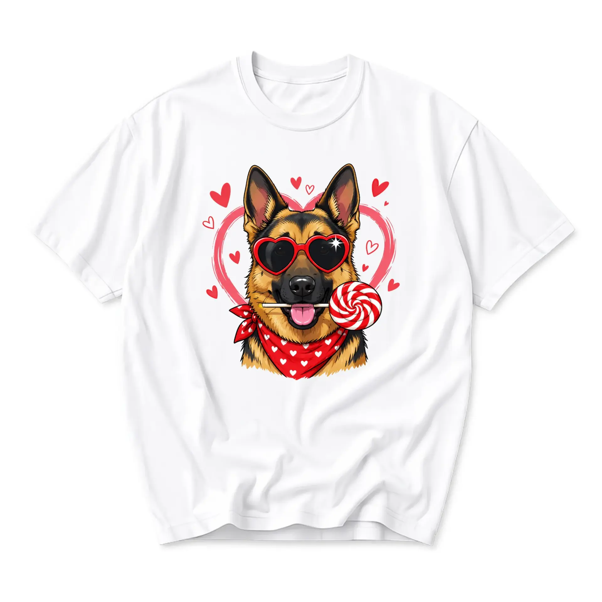 Graphic Tee German Shepherd Dog Wearing Heart Sunglasses and Holding a Lollipop Unisex Casual Crew Neck T-Shirt