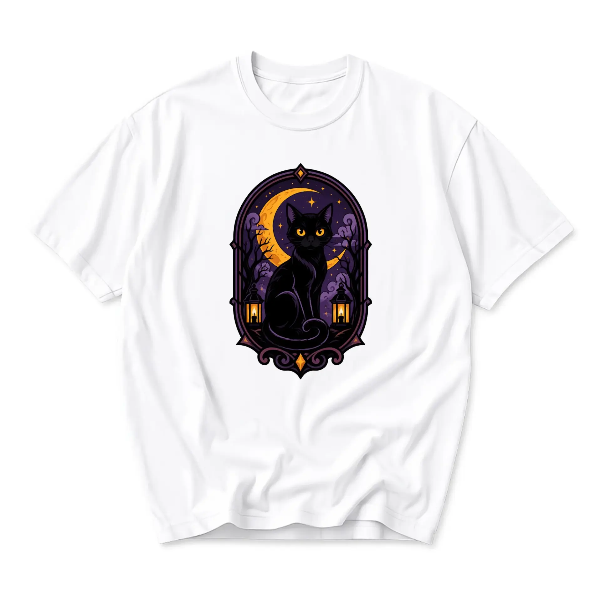 Graphic Tee Black Cat Moon Night Illustration Unisex Crew Neck Soft Cotton Casual Everyday Top Apparel for Adults