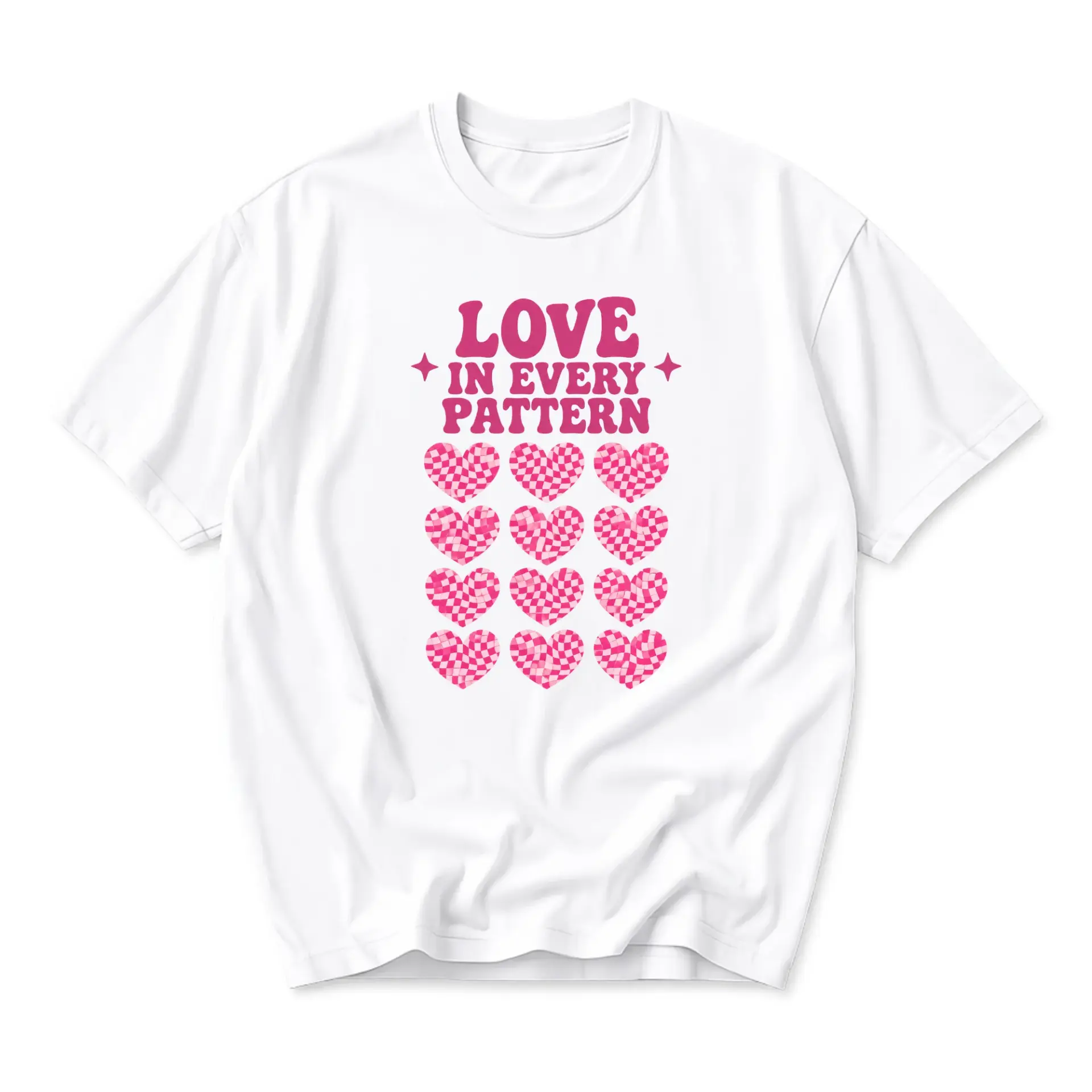 Graphic Tee Love in Every Pattern Pink Checkerboard Hearts Print Unisex Casual Short Sleeve Crew Neck Cotton Shirt
