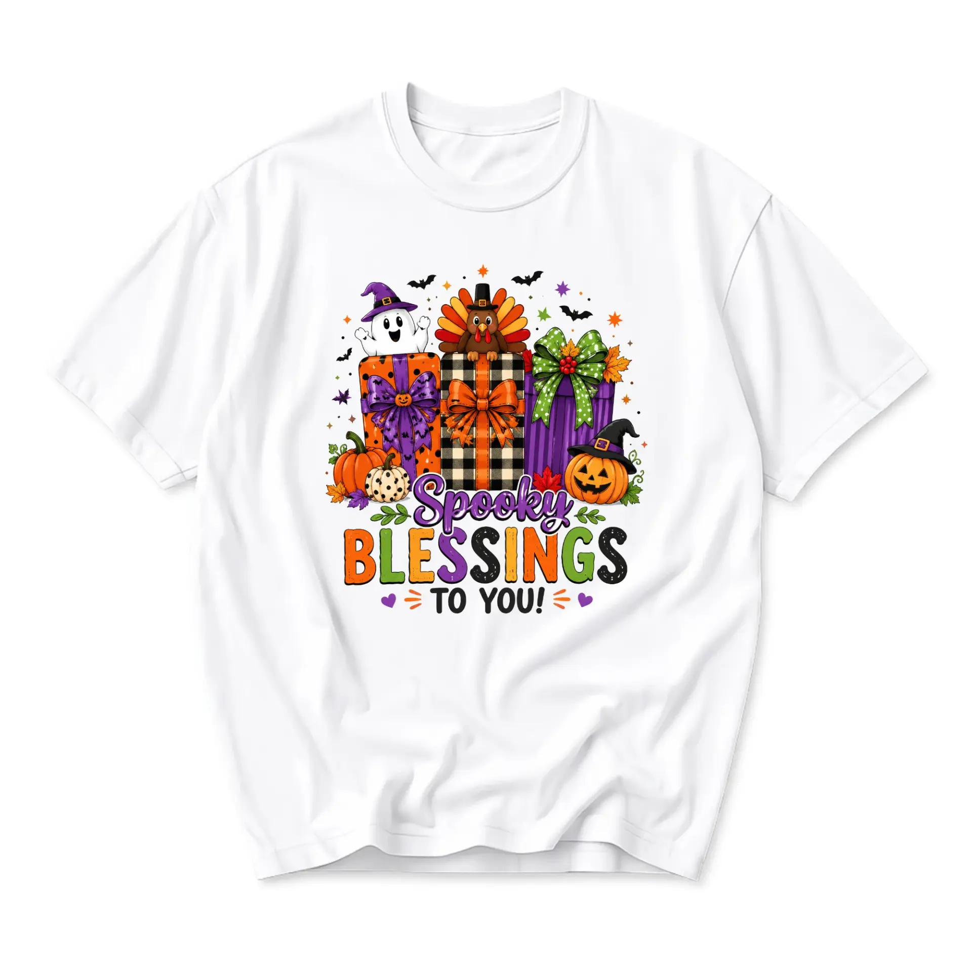 Graphic Tee Spooky Blessings to You Shirt Seasonal Fall Holiday Print Unisex Casual Crew Neck Soft Cotton Blend Top