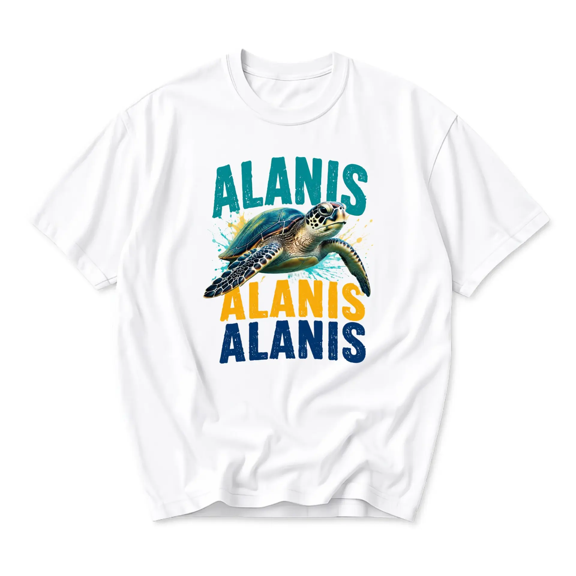 Graphic Tee Unisex Crew Neck T-Shirt Featuring Artistic Sea Turtle Illustration and Bold Colorful Text Graphic