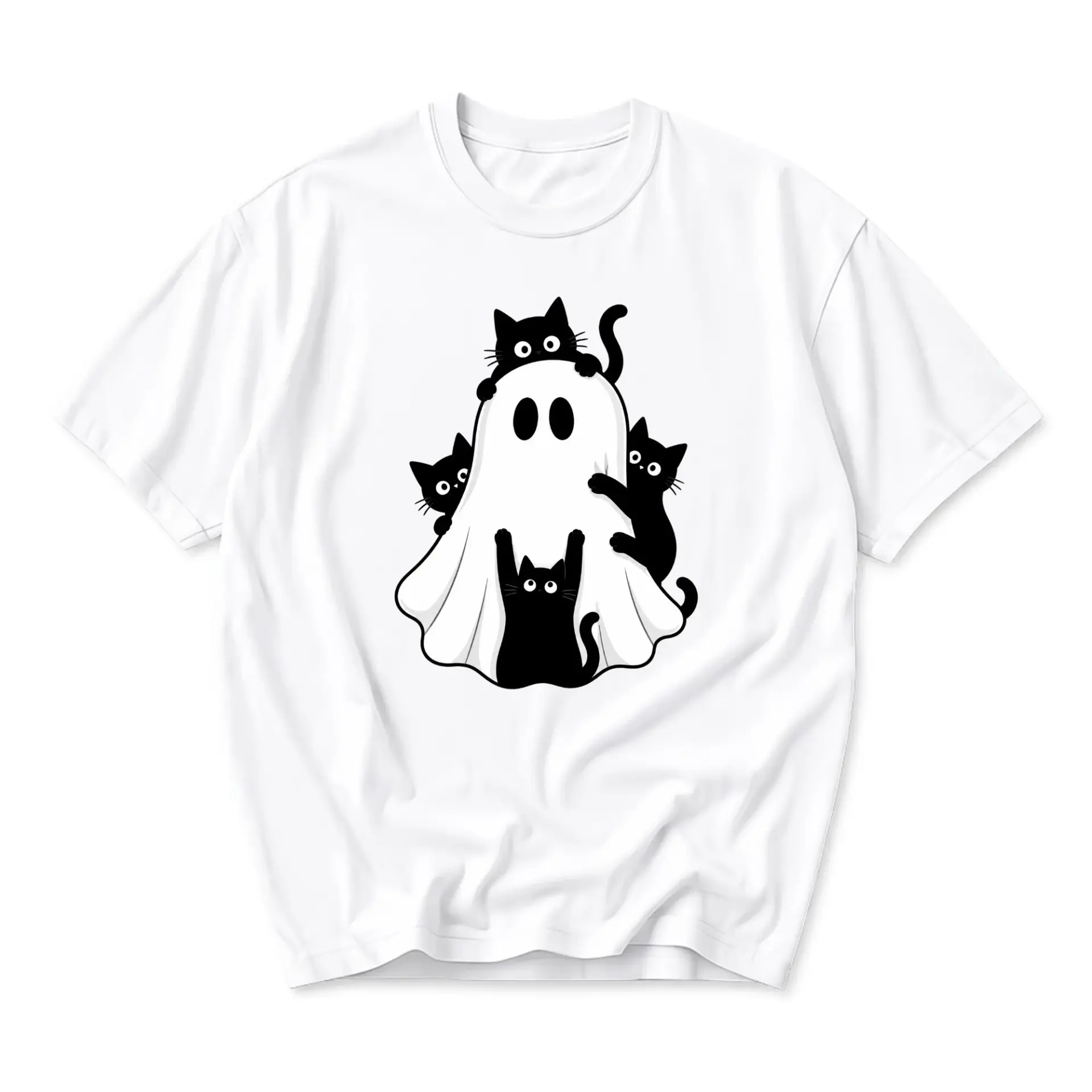 Graphic Tee Unisex Crew Neck Short Sleeve Shirt Featuring Cute Black Kittens Playing with a White Ghost Illustration