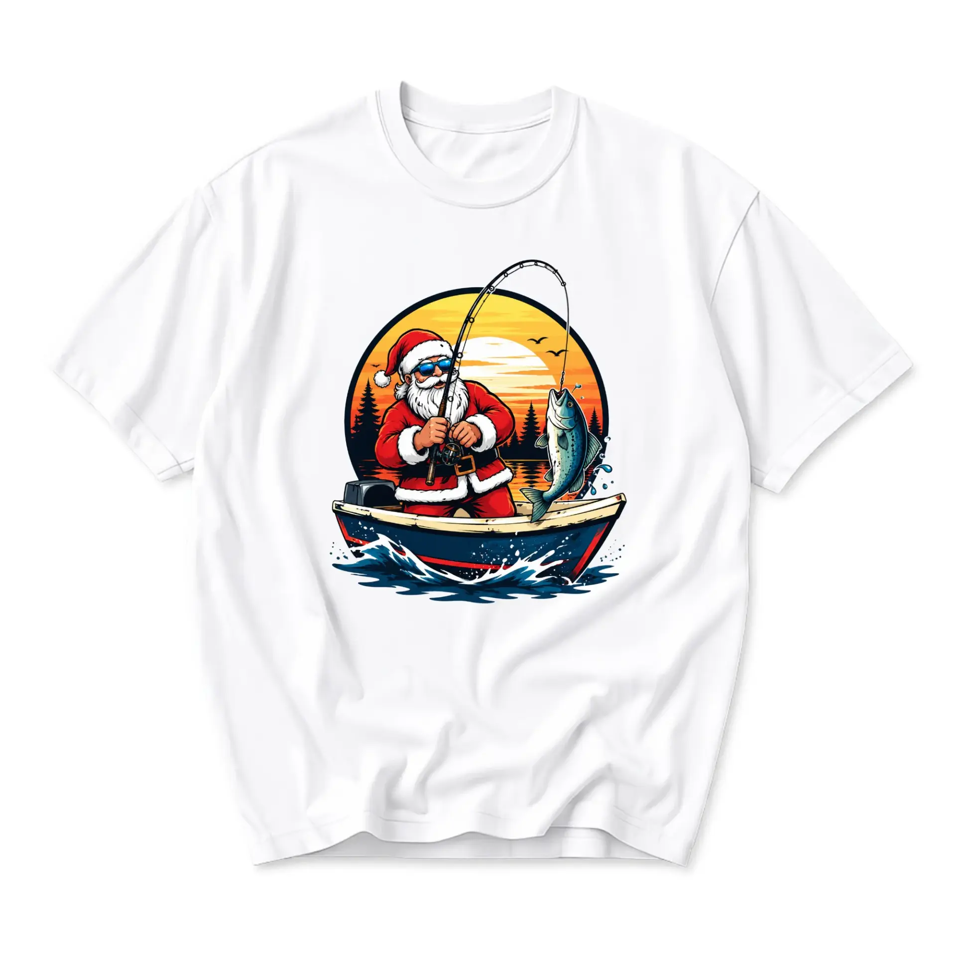 Graphic Tee Featuring Santa Claus Fishing on a Boat Design Comfortable Unisex Crew Neck Casual Cotton Shirt White