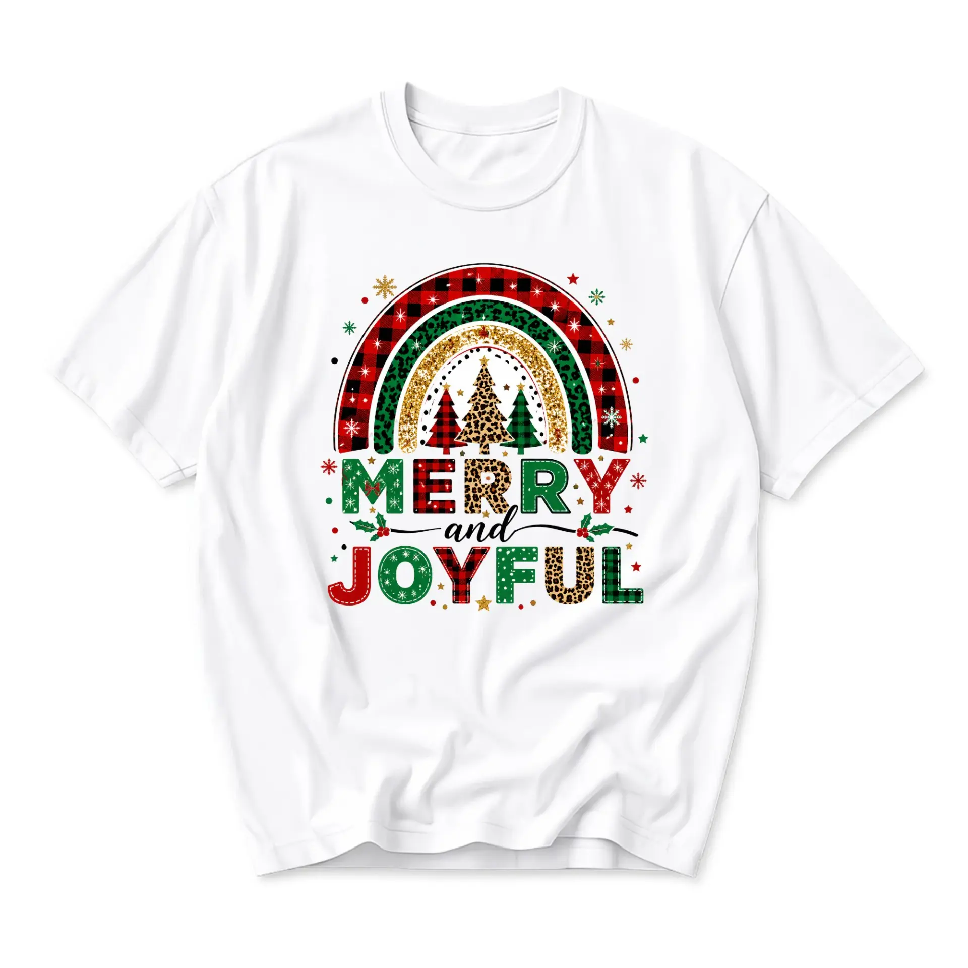 Graphic Tee Merry and Joyful Holiday Rainbow Print Unisex Crew Neck Shirt