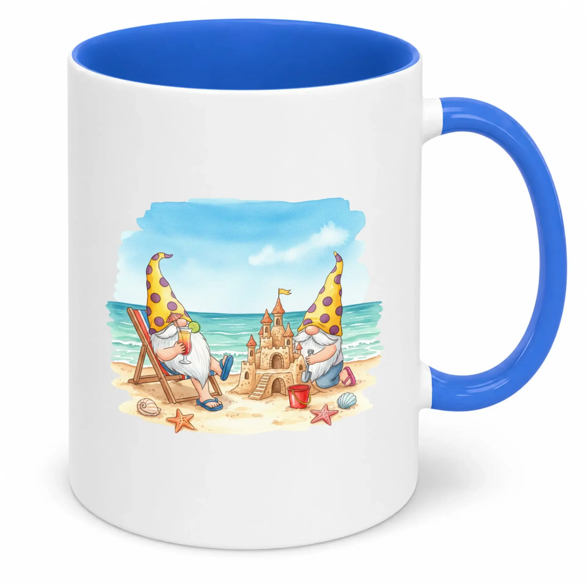 Beach Gnomes Vacation Ceramic Coffee Mug, Summer Sandcastle Drinkware, Blue Handle 11 Oz or 15 Oz Kitchen Cup