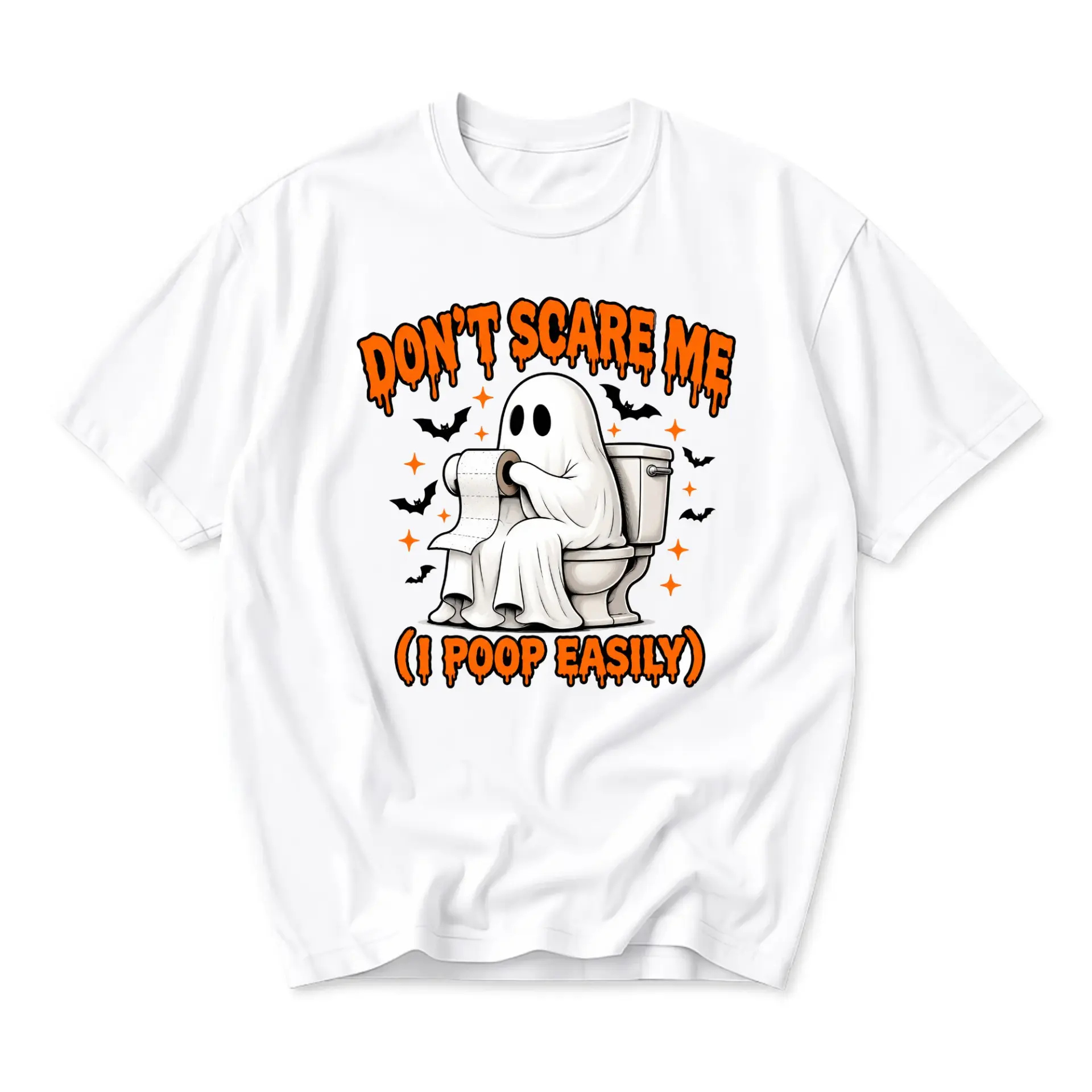 Funny Shirt Don't Scare Me I Poop Easily Halloween Graphic Tee Unisex Casual Crew Neck Comfortable Cotton Blend Top