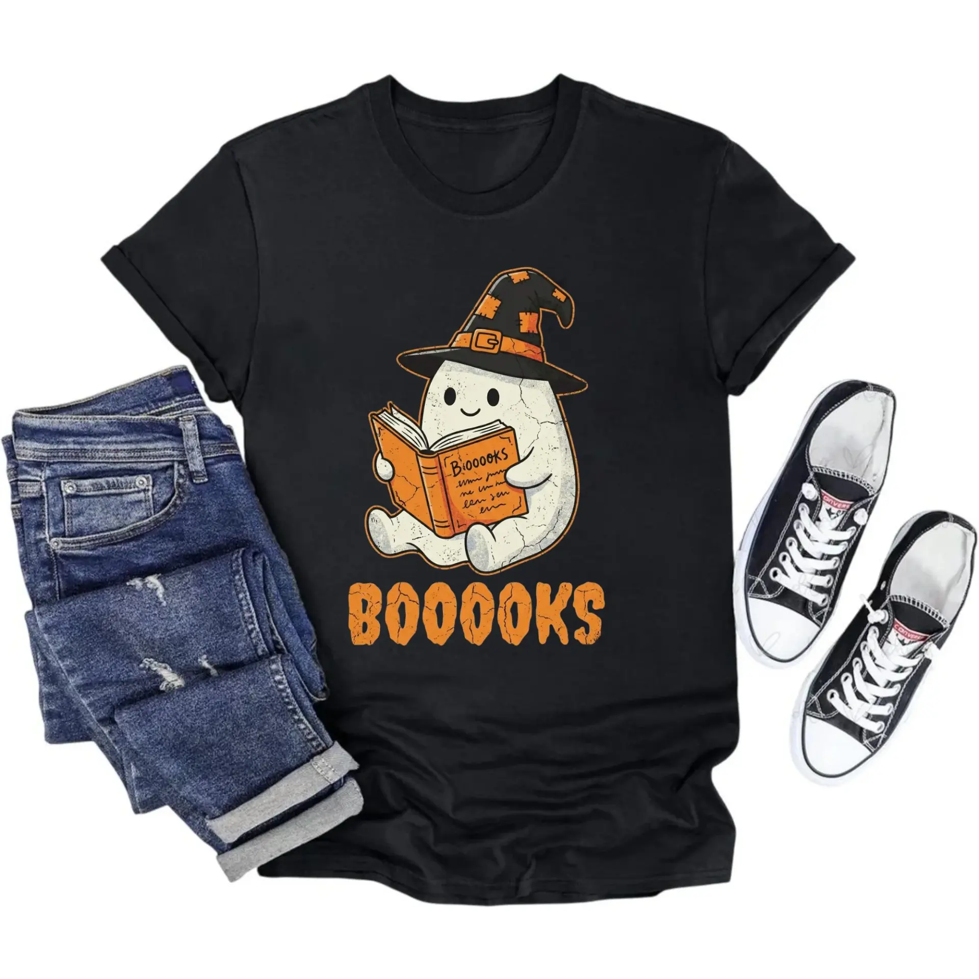 Funny Ghost Reading Book Graphic Tee Unisex Crew Neck Casual Cotton Blend Short Sleeve Halloween Enthusiast Shirt