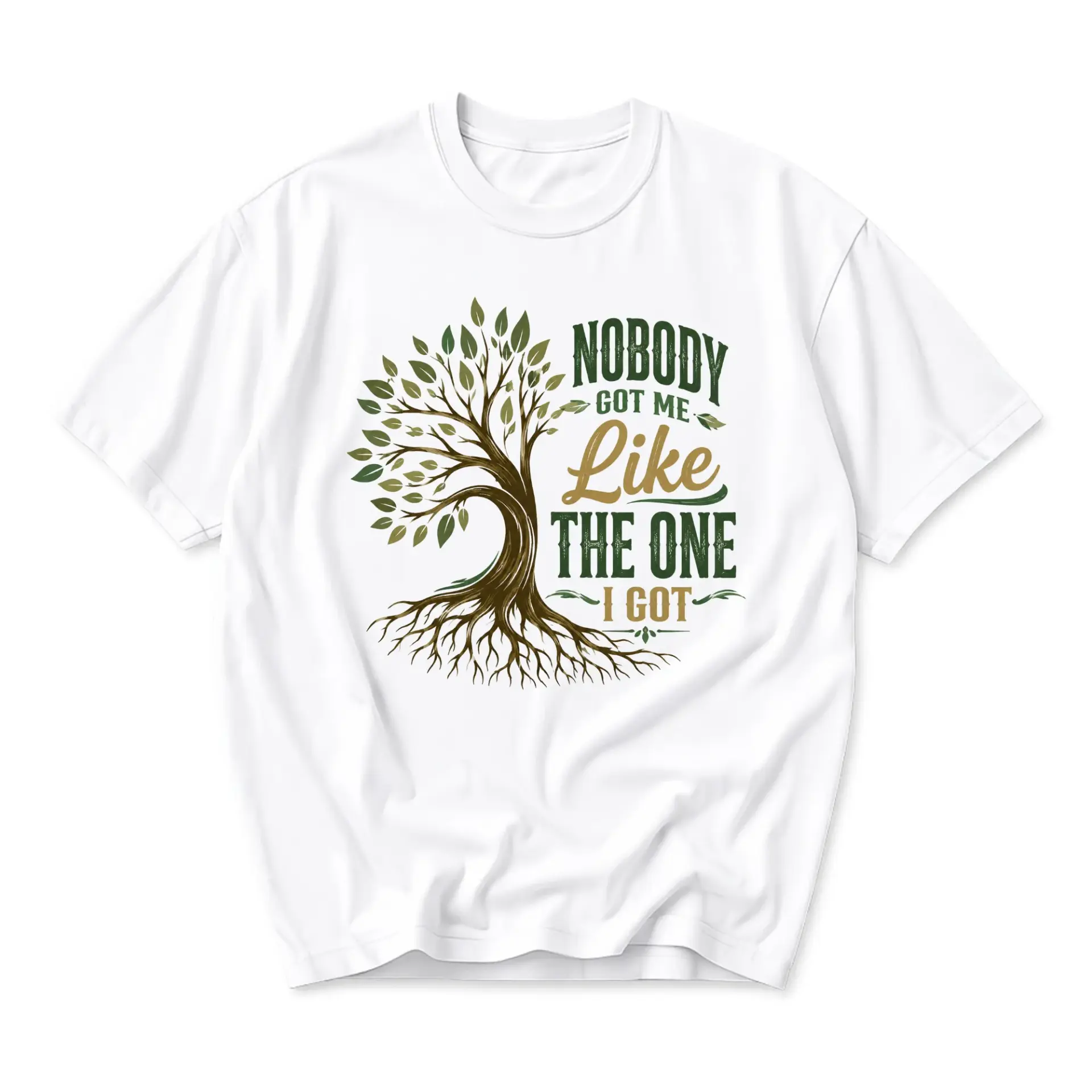 Graphic Tee Unisex Crew Neck Shirt Featuring Artistic Tree Illustration and Inspirational Quote Design in Green and Tan