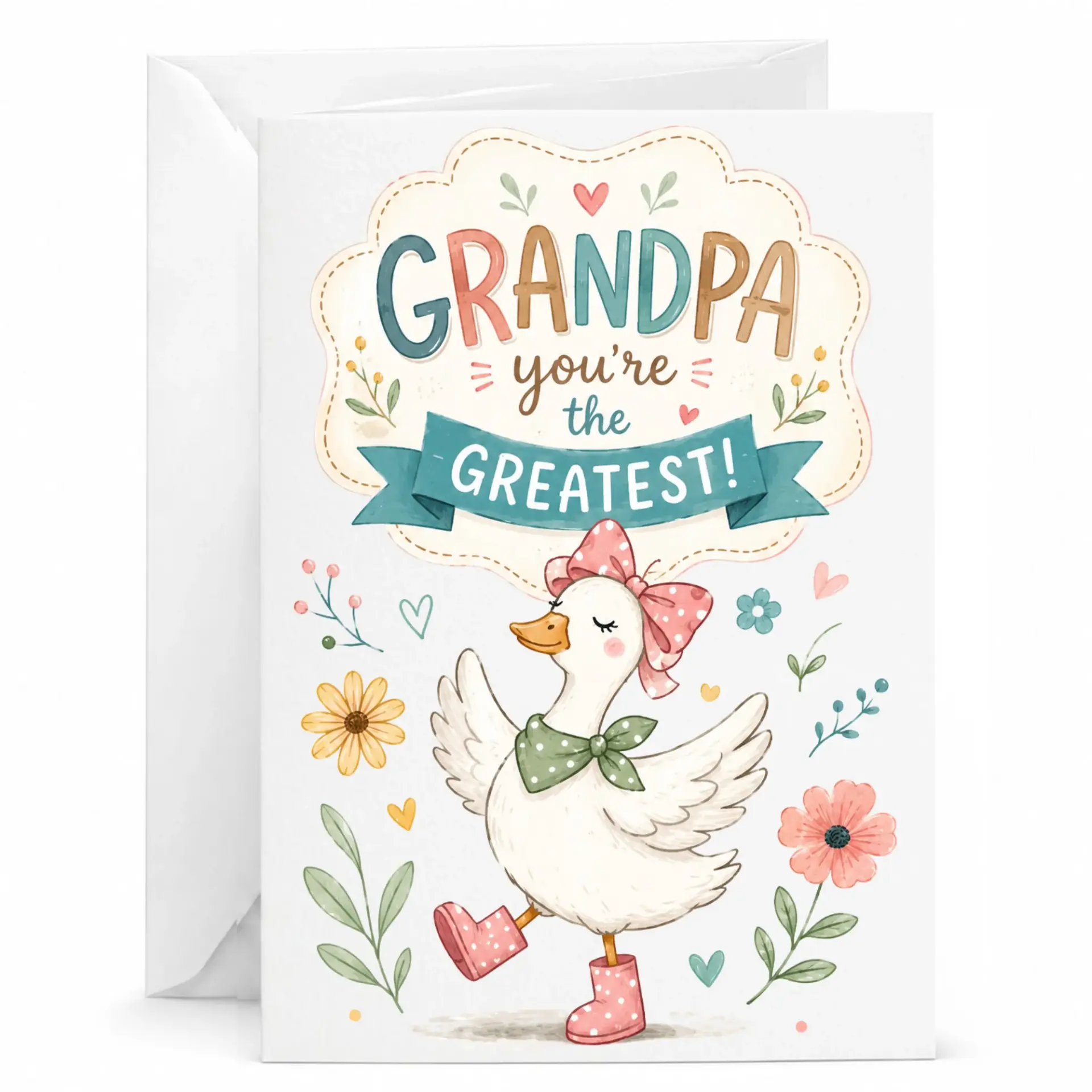 Greeting Card for Grandpa Featuring Cute Illustration with Floral Accents and Heartfelt Grandparent