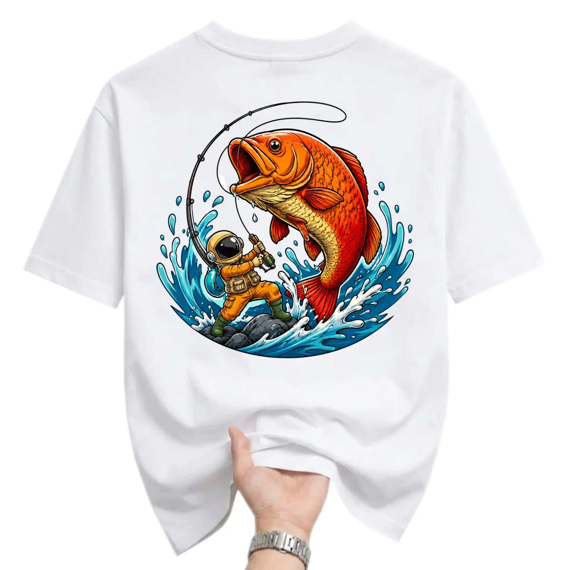 Funny Shirt Astronaut Fishing Graphic Tee Unisex Cotton Crew Neck Casual
