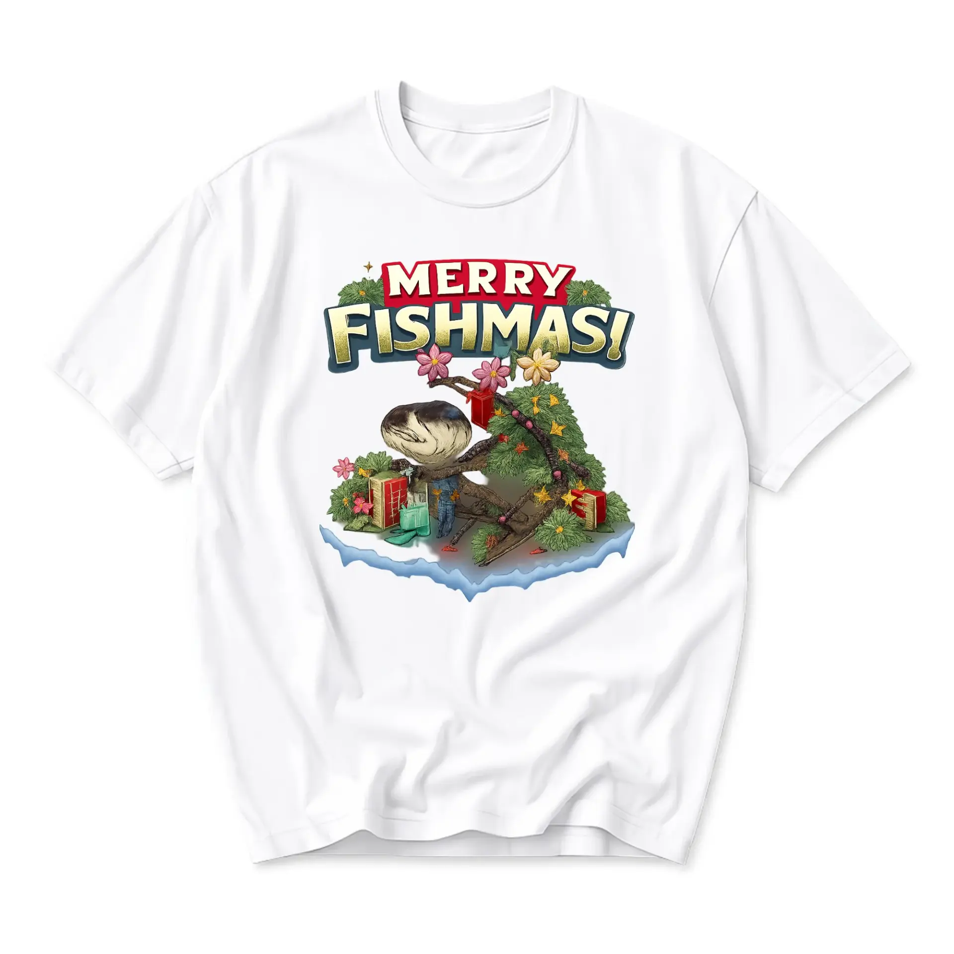 Funny Shirt Merry Fishmas Holiday Graphic Tee Casual Unisex Crew Neck Short Sleeve Cotton Apparel for Men and Women