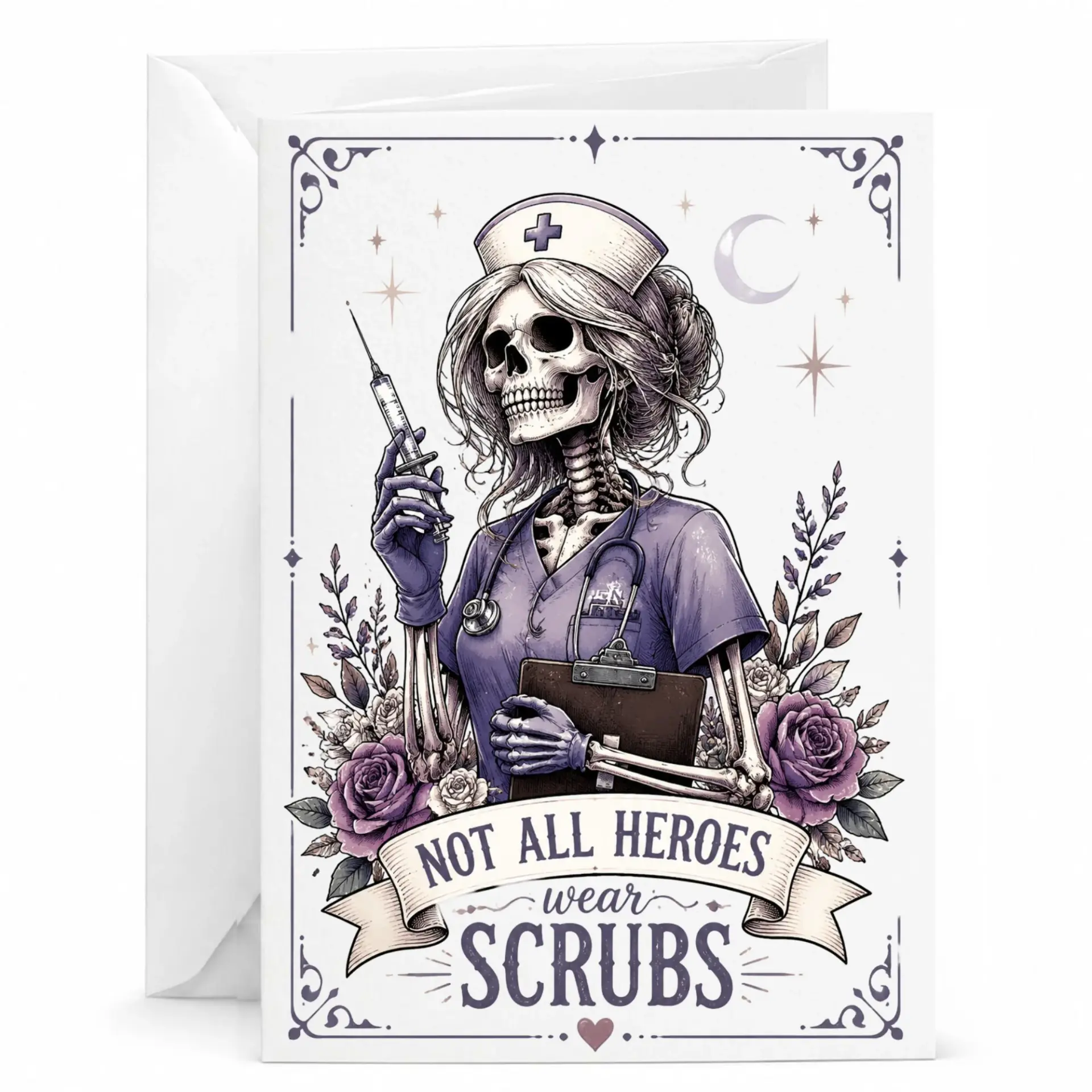 Funny Nurse Greeting Card Featuring Skeletal Medical Professional Illustration for Appreciation or Hospital Staff Recognition