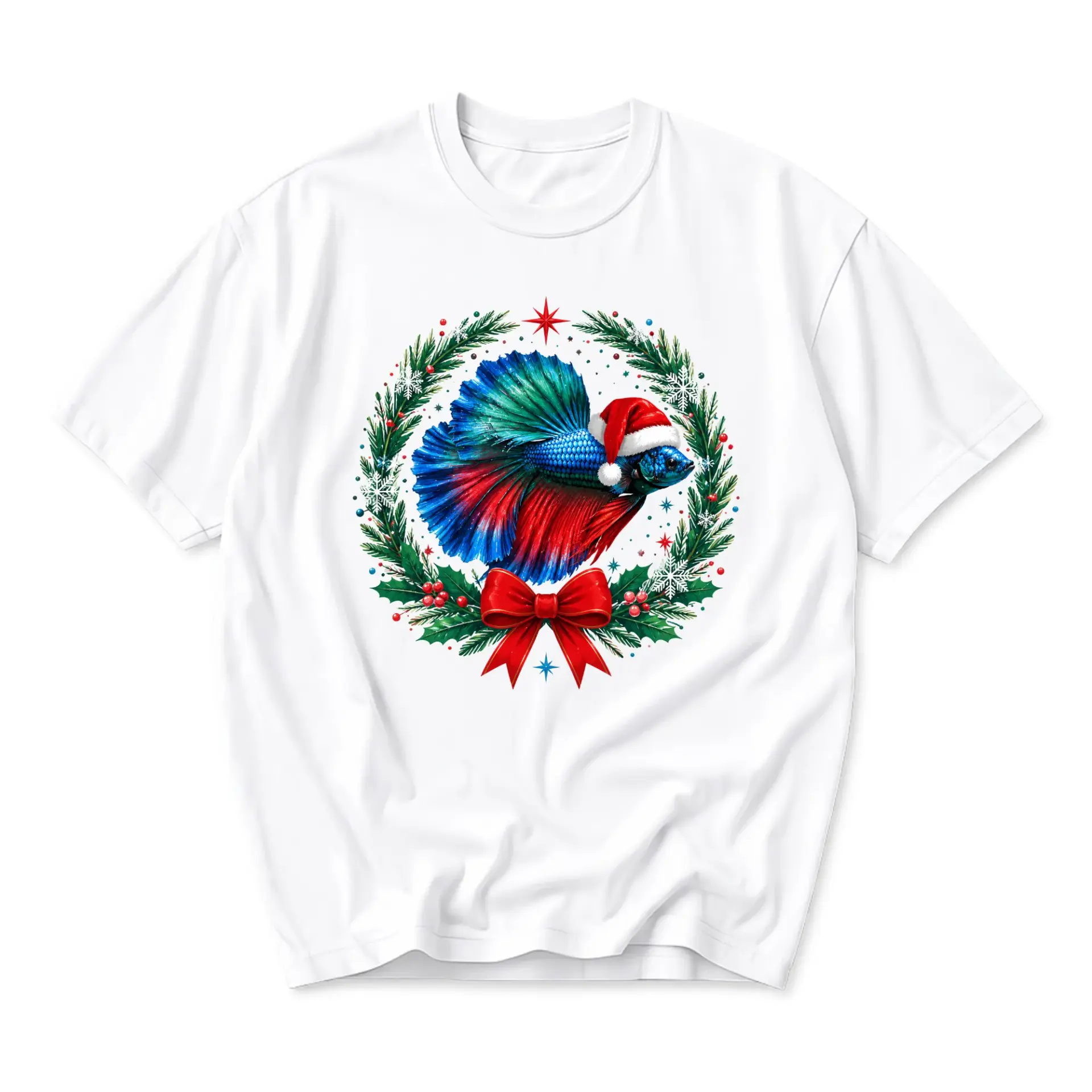 Graphic Tee Unisex Crew Neck T-Shirt Featuring Festive Fish Holiday Wreath Print Casual Everyday Apparel