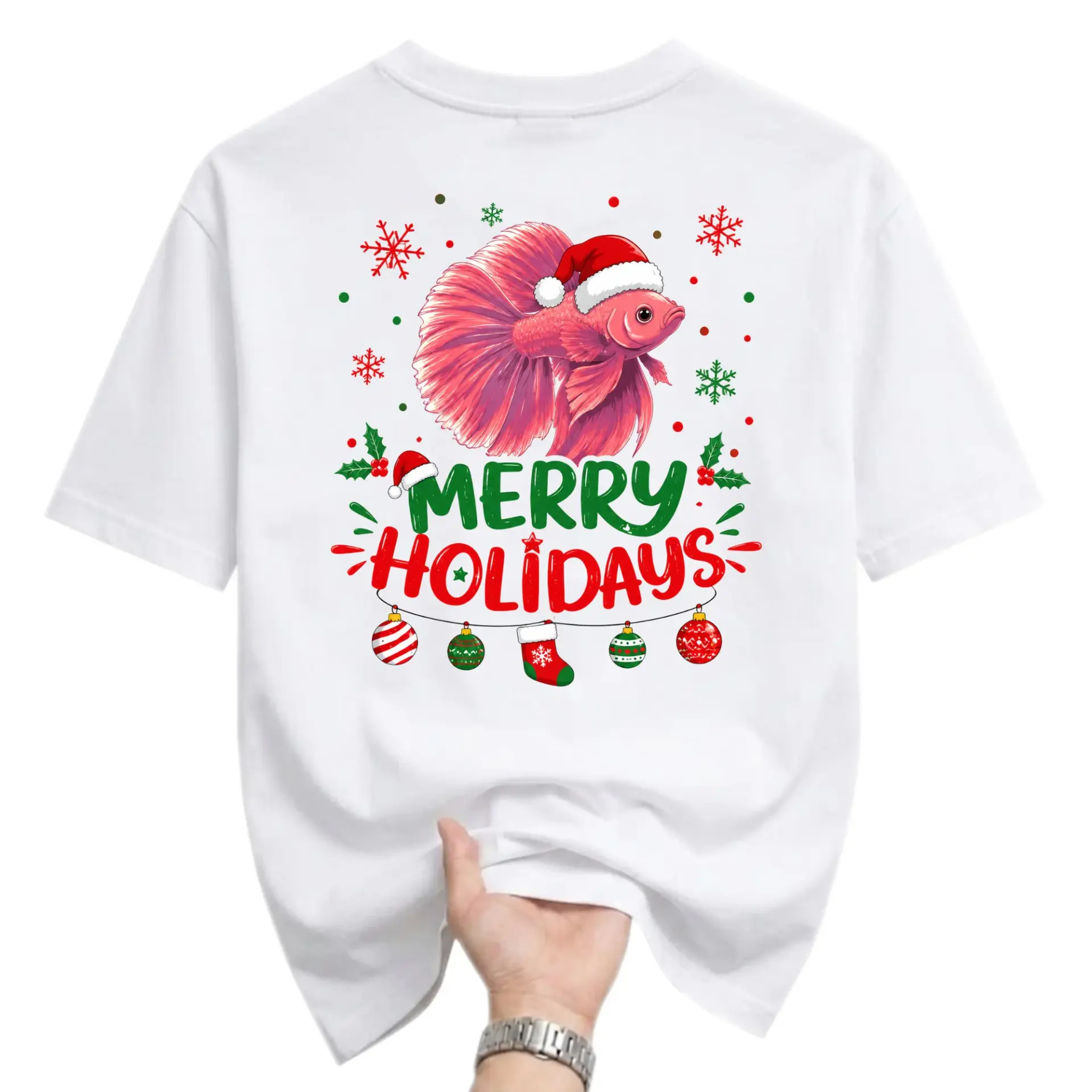 Graphic Tee Merry Holidays Fish Christmas Shirt Unisex Crew Neck Short Sleeve Casual Cotton Holiday Apparel