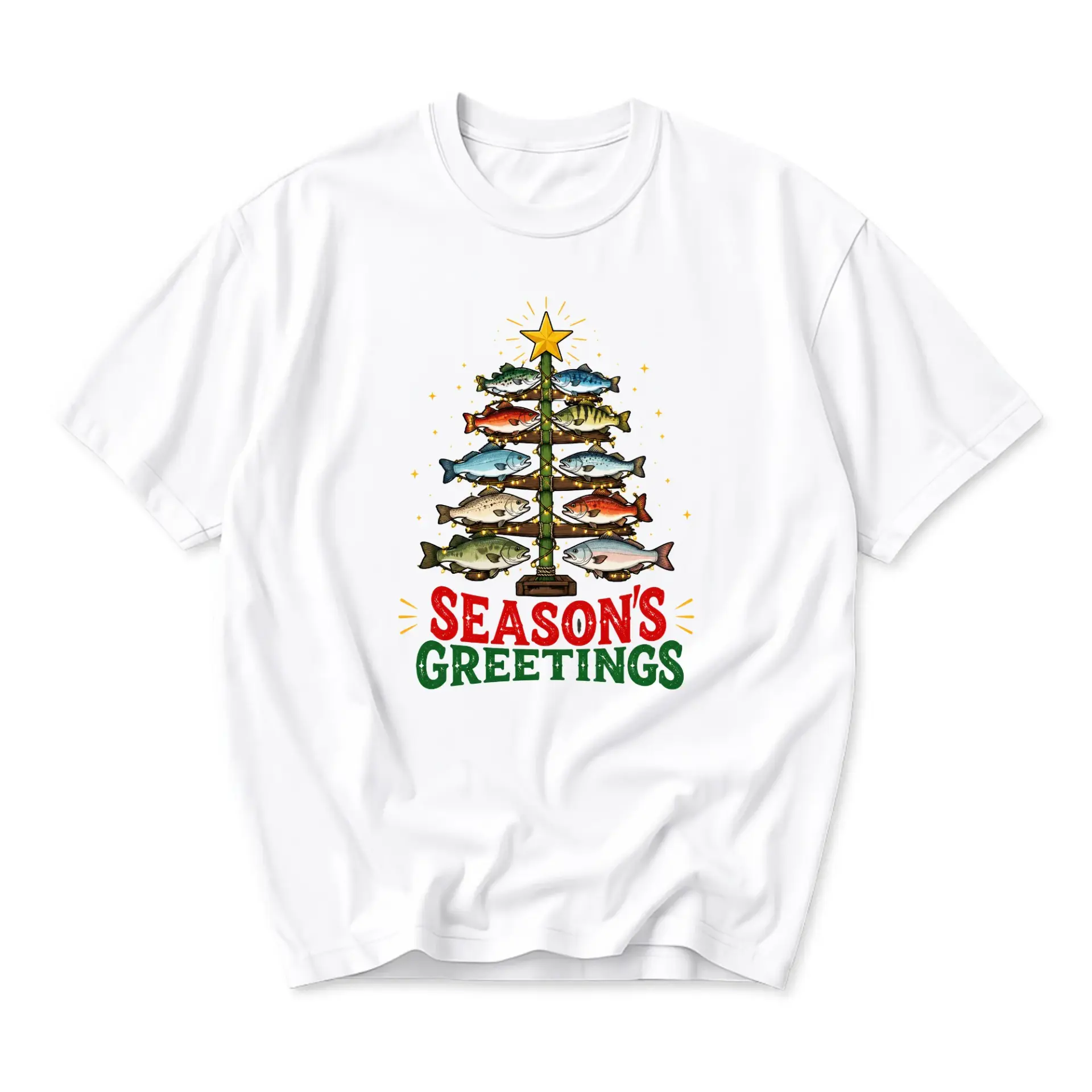 Funny Shirt Season's Greetings Fishing Christmas Tree Graphic Tee Unisex Cotton Blend Casual Crew Neck Top