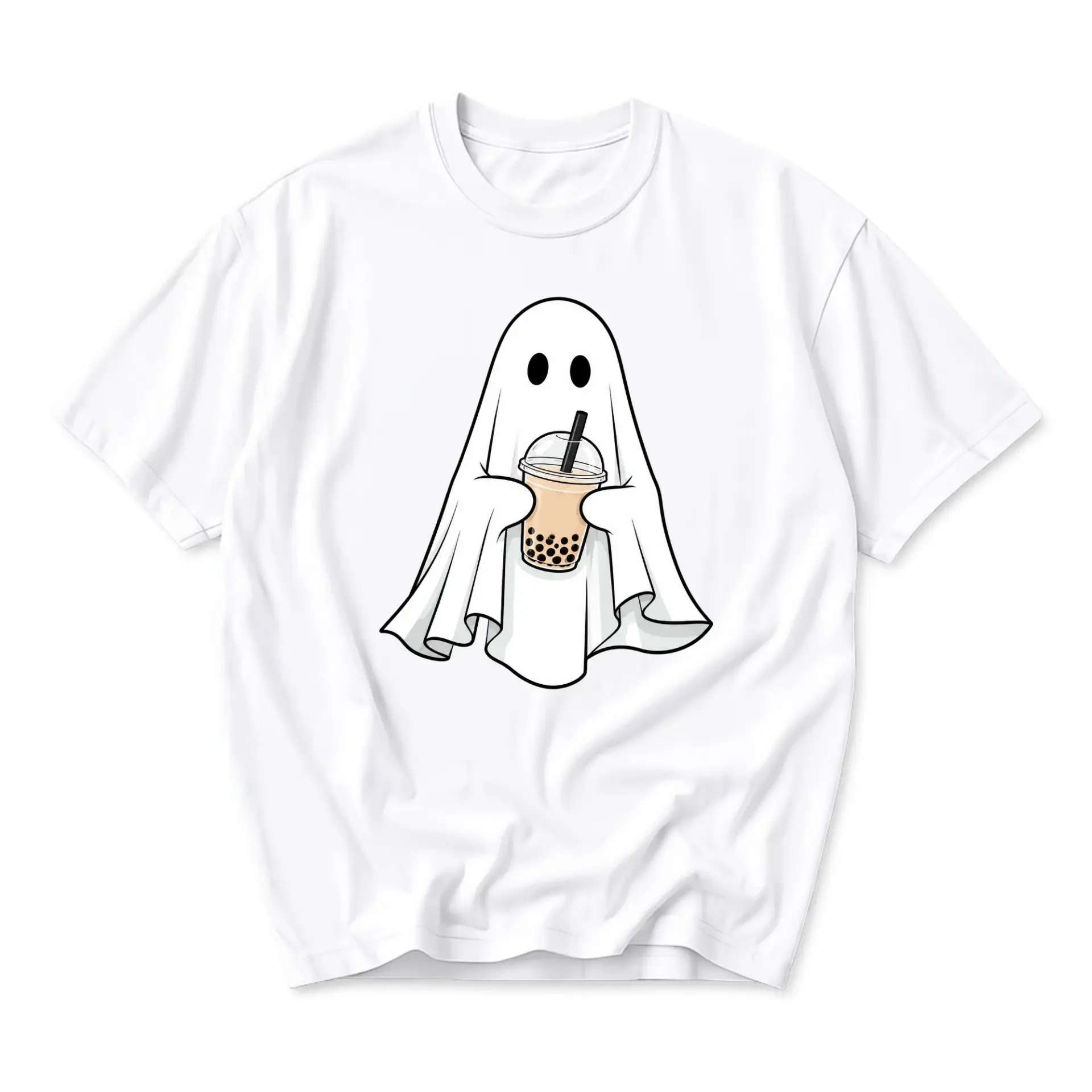 Graphic Tee Unisex Casual Crew Neck T-Shirt Featuring a Cute Ghost Drinking Bubble Tea Illustration Comfortable Cotton Top