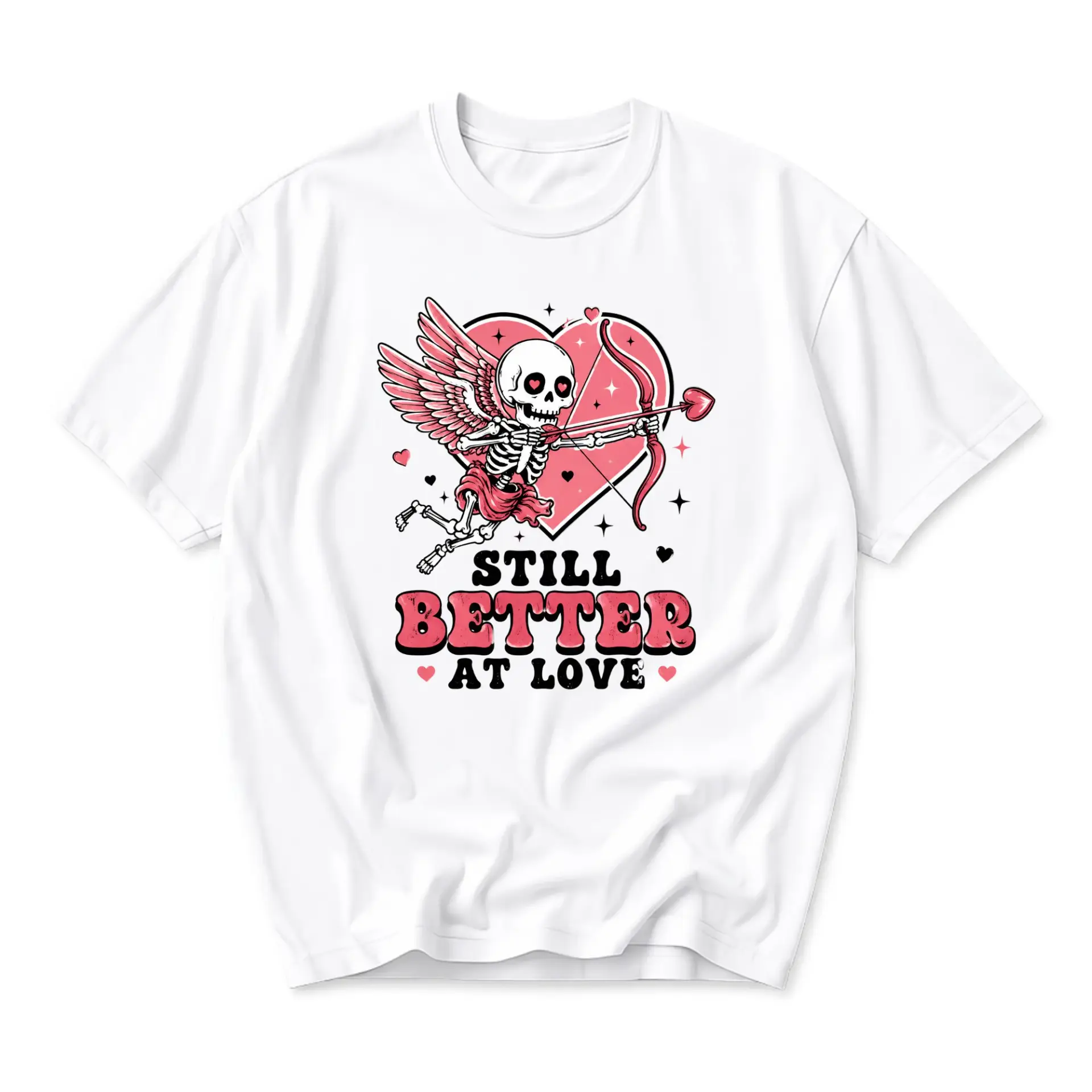 Funny Shirt Still Better at Love Graphic Tee Unisex Skeleton Cupid Heart Print Casual Soft Cotton Crew Neck Top