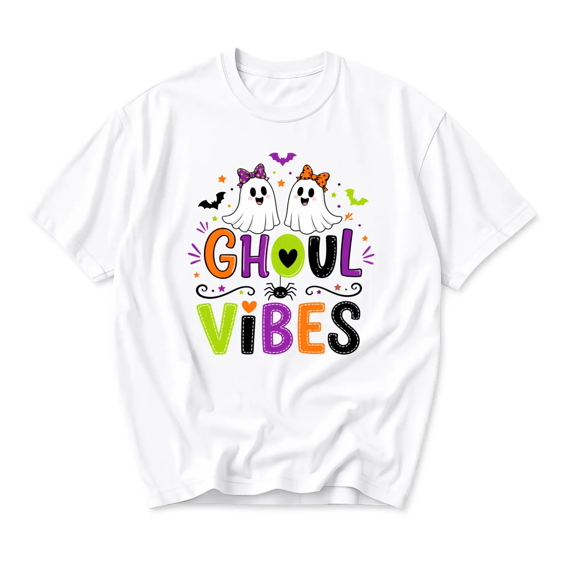Funny Shirt Ghoul Vibes Ghost Graphic Tee Seasonal Casual Wear Unisex Crew Neck Short Sleeve Cotton Apparel White