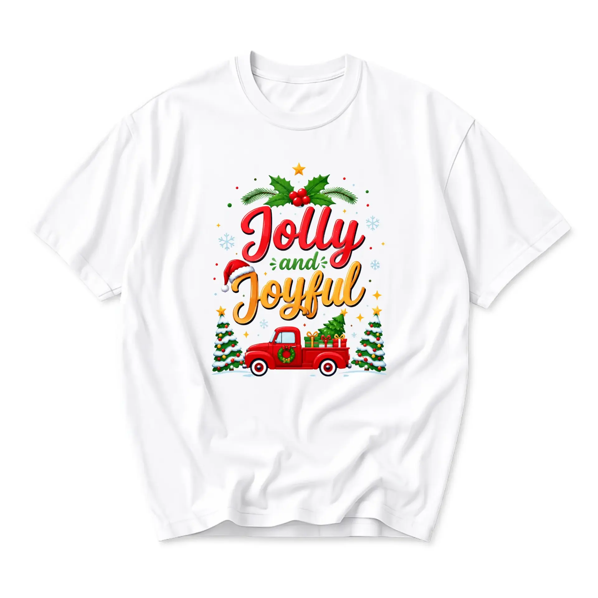 Graphic Tee Jolly and Joyful Christmas Red Truck Unisex Crew Neck T-Shirt for Casual Holiday Season Everyday Outfit