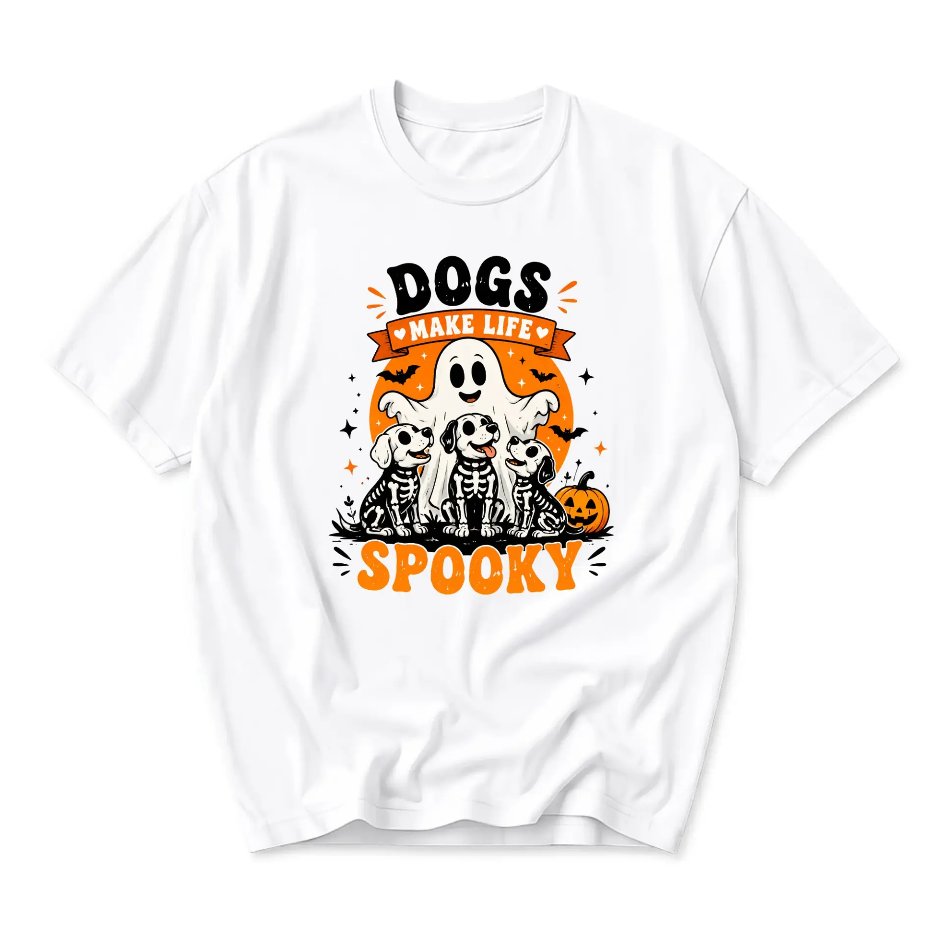 Funny Shirt Dogs Make Life Spooky Graphic Tee Featuring Cute Ghost and Skeleton Puppy Illustration Unisex Crew Neck