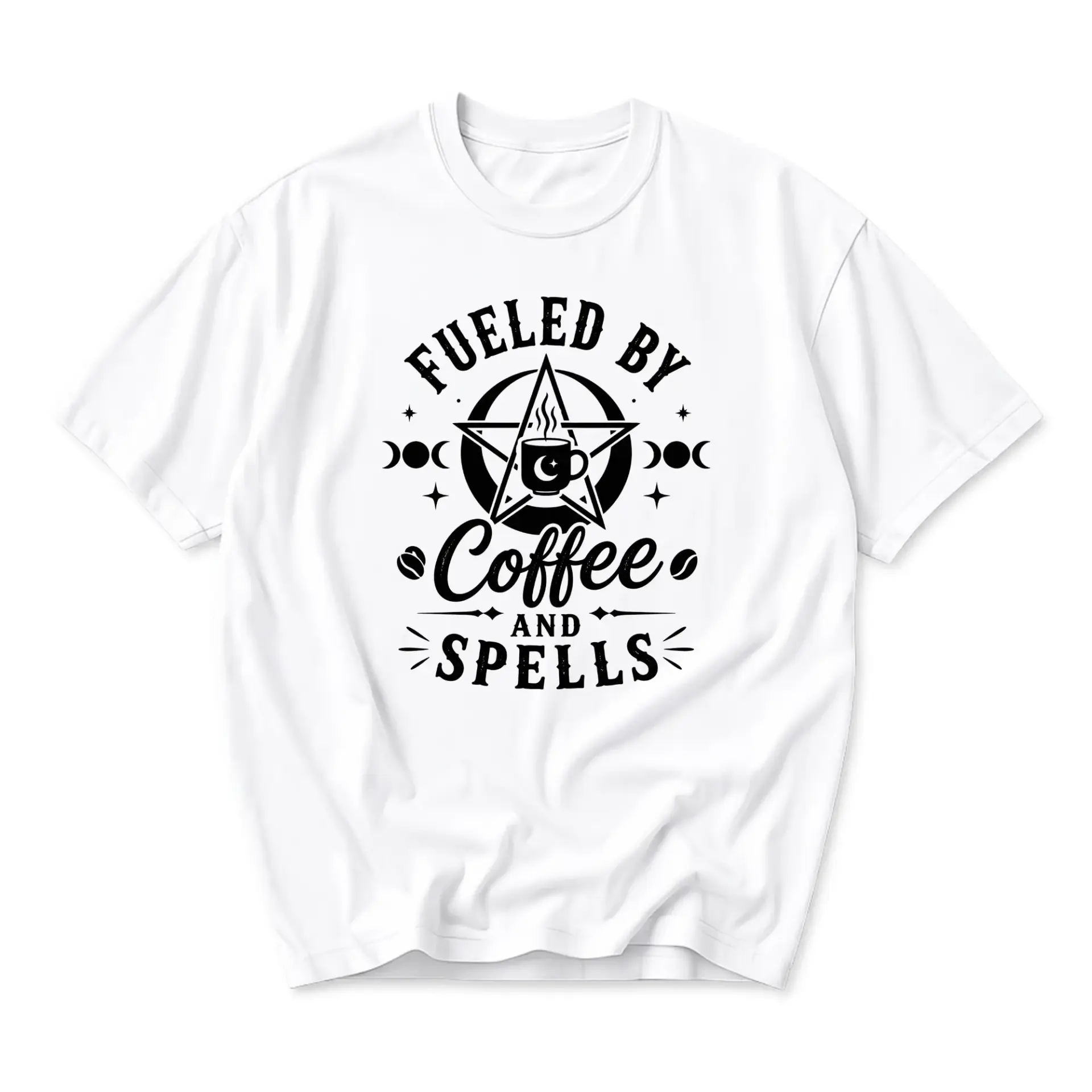 Graphic Tee Fueled by Coffee and Spells Unisex Cotton Crew Neck Casual Short Sleeve Shirt for Everyday Wear and Gifts