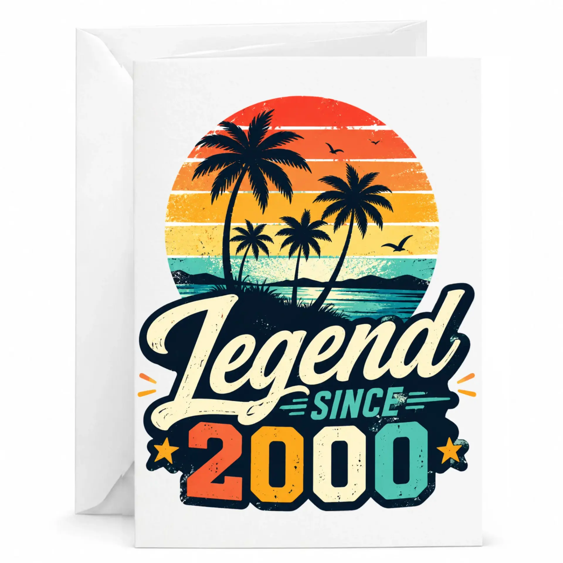 Birthday Card Legend Since 2000 Retro Tropical Sunset Greeting Card for Milestone Celebration with Matching White Envelope