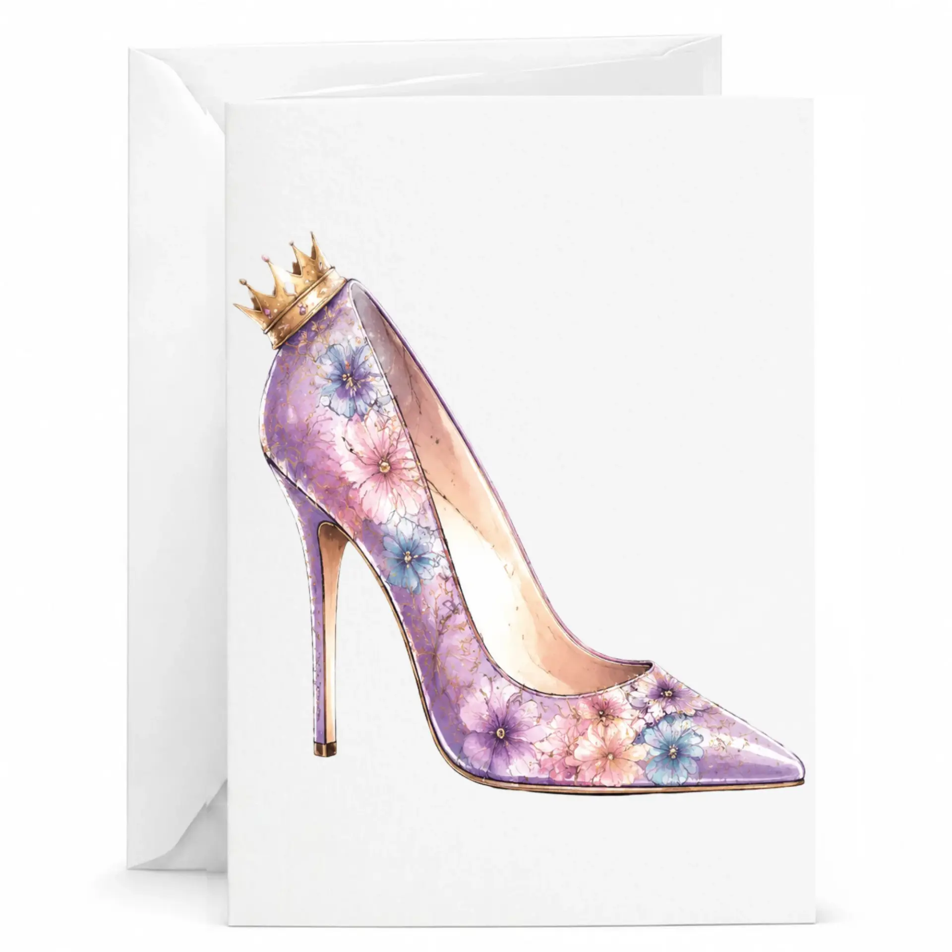 Greeting Card Featuring Elegant High Heel Shoe Illustration with Floral Pattern and Golden Crown Design Detail