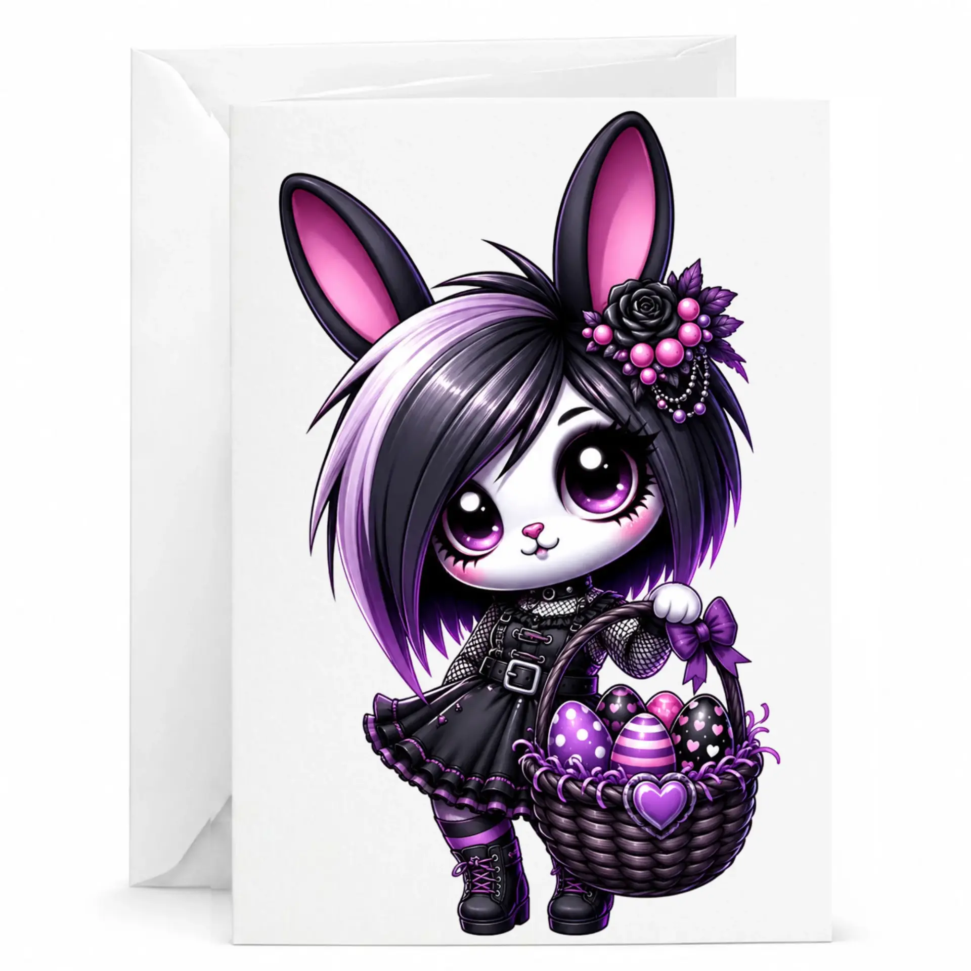 Gothic Bunny Greeting Card Featuring Style Rabbit Character with Purple Egg Basket for Unique Occasion Wishes