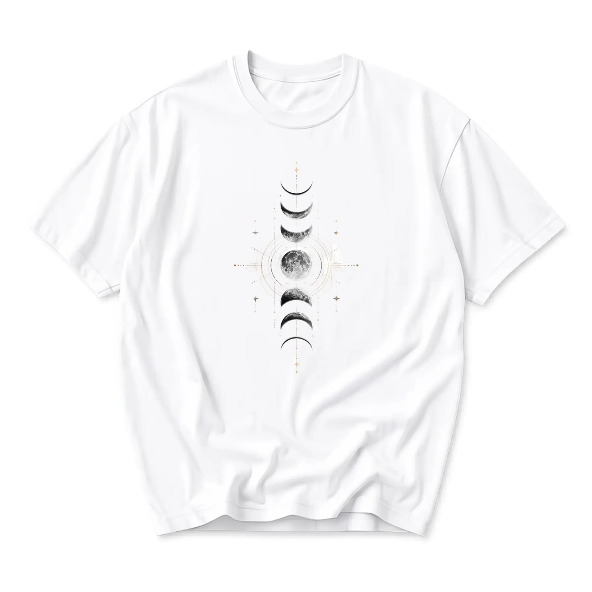 Graphic Tee Celestial Moon Phase Print Unisex Short Sleeve Shirt for Casual Wear Comfortable Cotton Blend Crew Neck Top