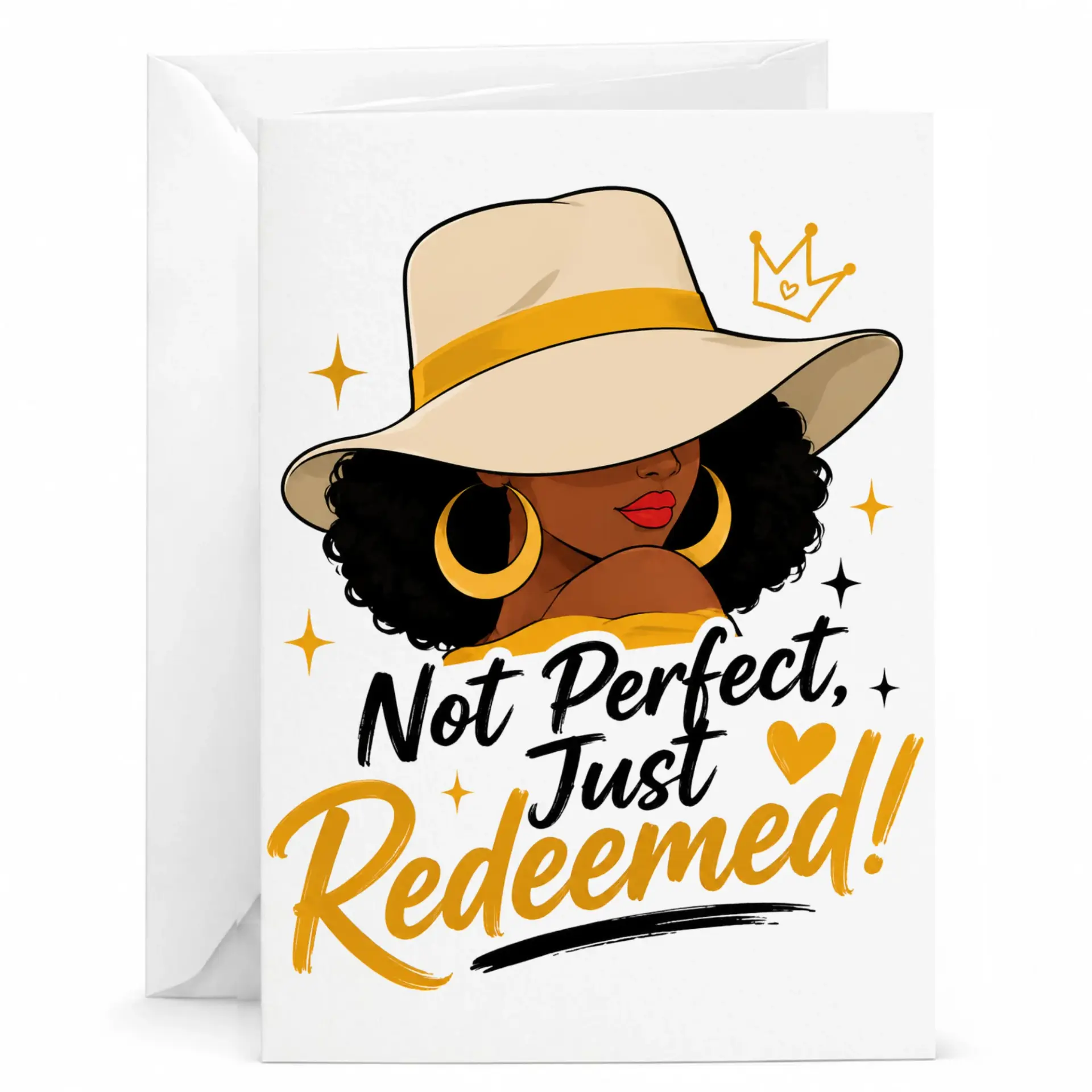 Inspirational Greeting Card Featuring Elegant Woman Illustration Not Perfect Just Redeemed Message 5x7 Folded Note