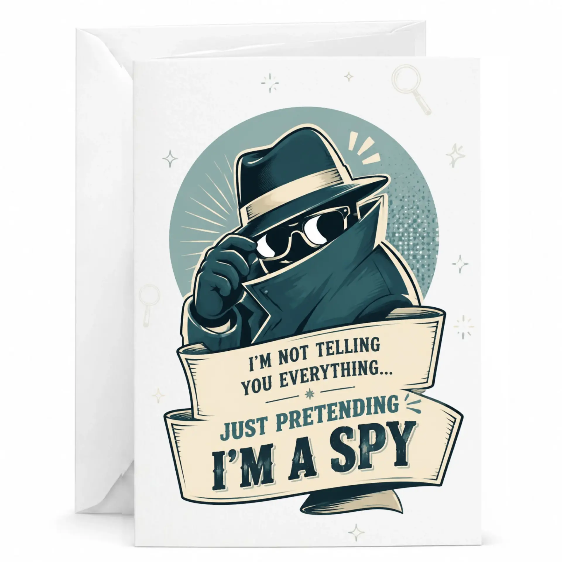 Funny Spy Greeting Card Featuring Secret Agent Illustration Humorous Print Note for Mystery Enthusiasts