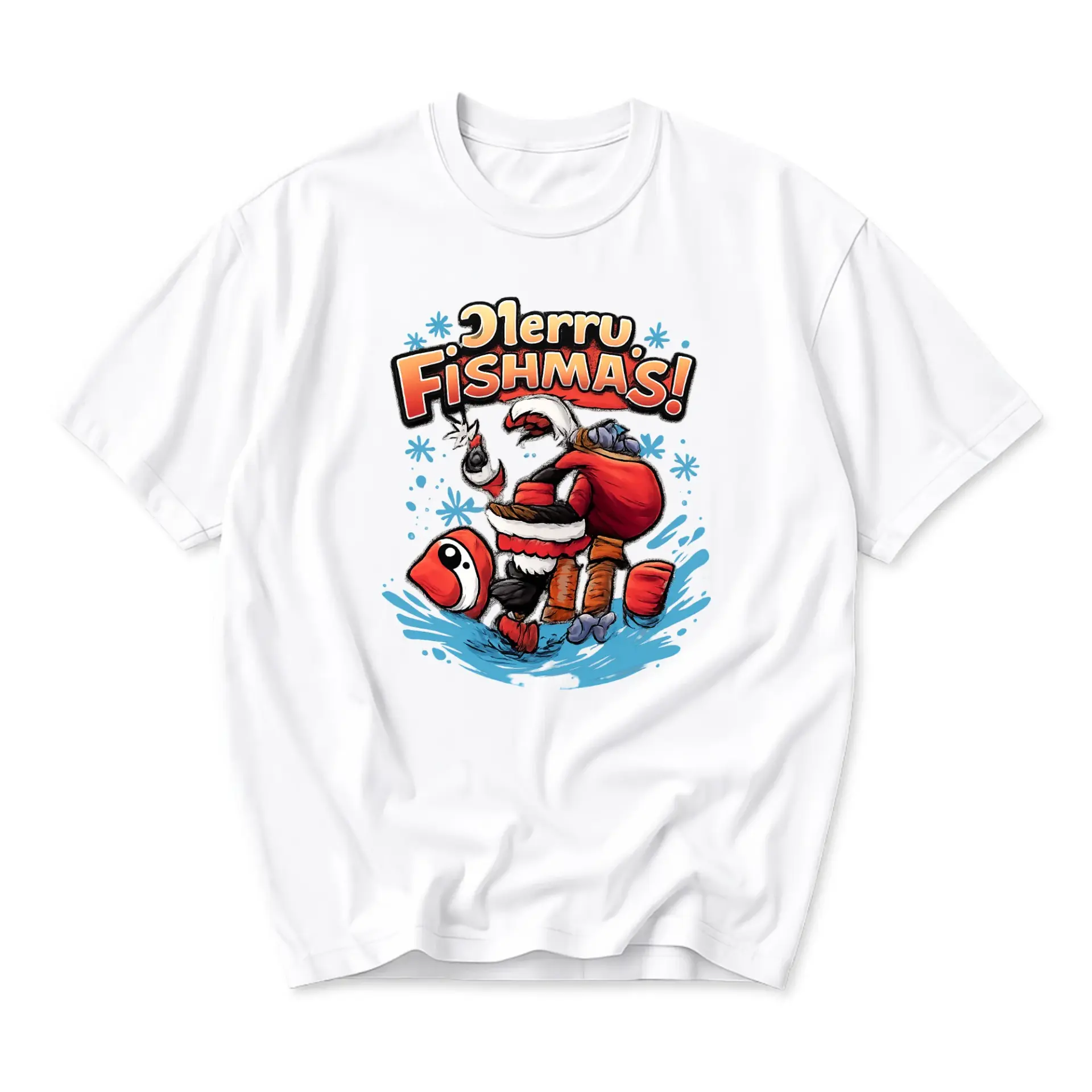Funny Shirt Merry Fishmas Holiday Graphic Tee Unisex Short Sleeve Crew Neck Cotton Blend Casual Apparel White