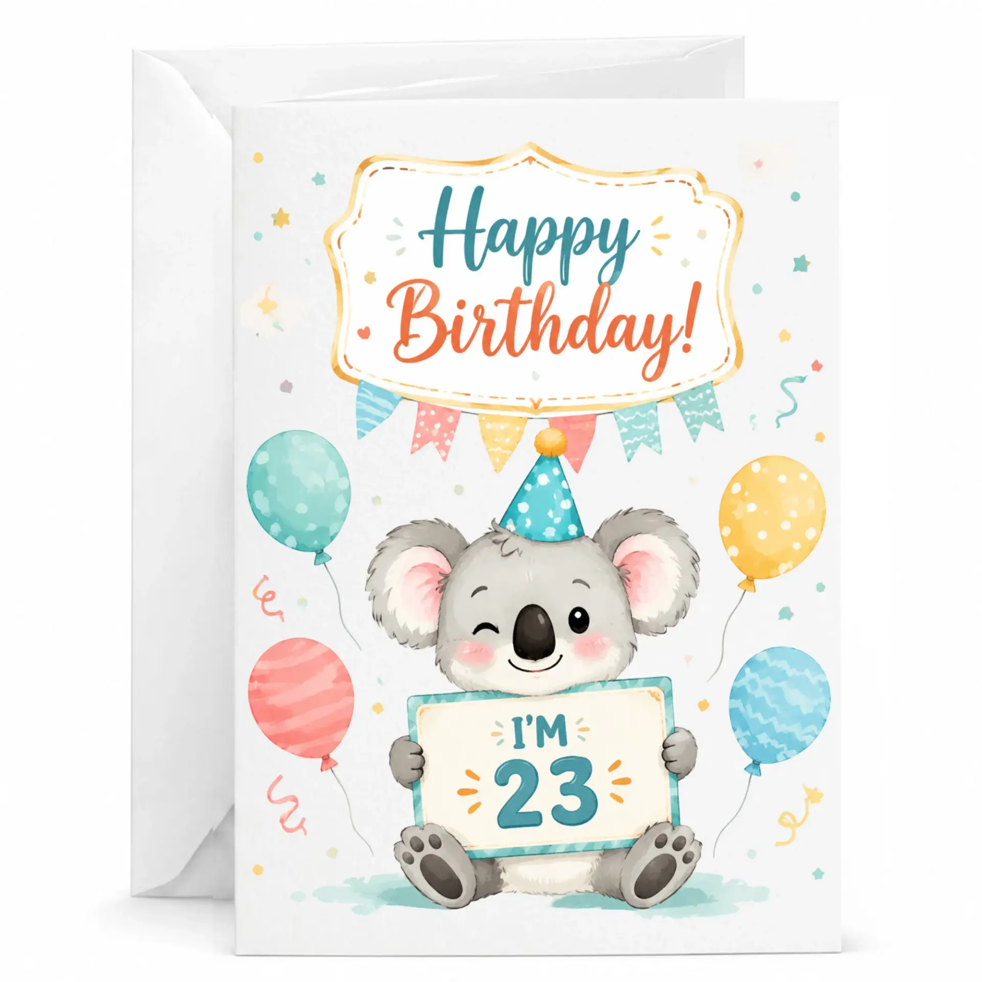 Birthday Card Funny Koala Design Featuring Happy Birthday Message and Age Celebration for Someone Turning Twenty Three